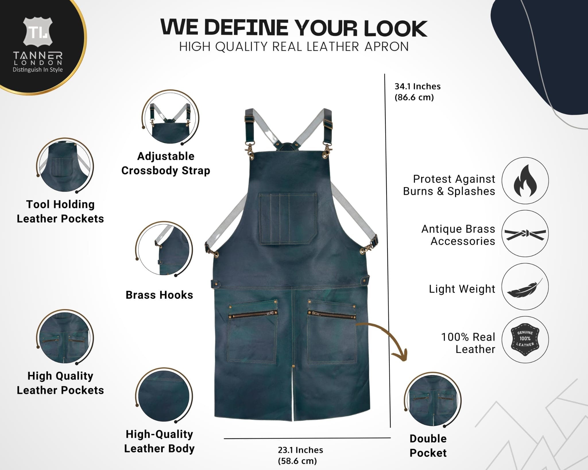 Handmade Green Leather Apron – Full Grain Cowhide, Split Leg