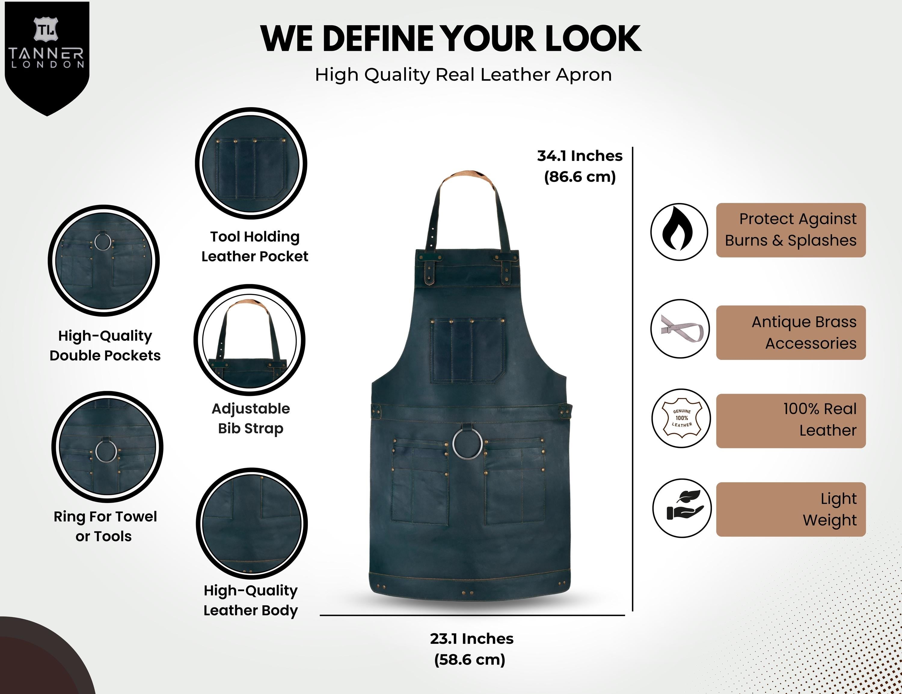 Green Leather Tool Apron: Adjustable Full Grain Cowhide with Pockets