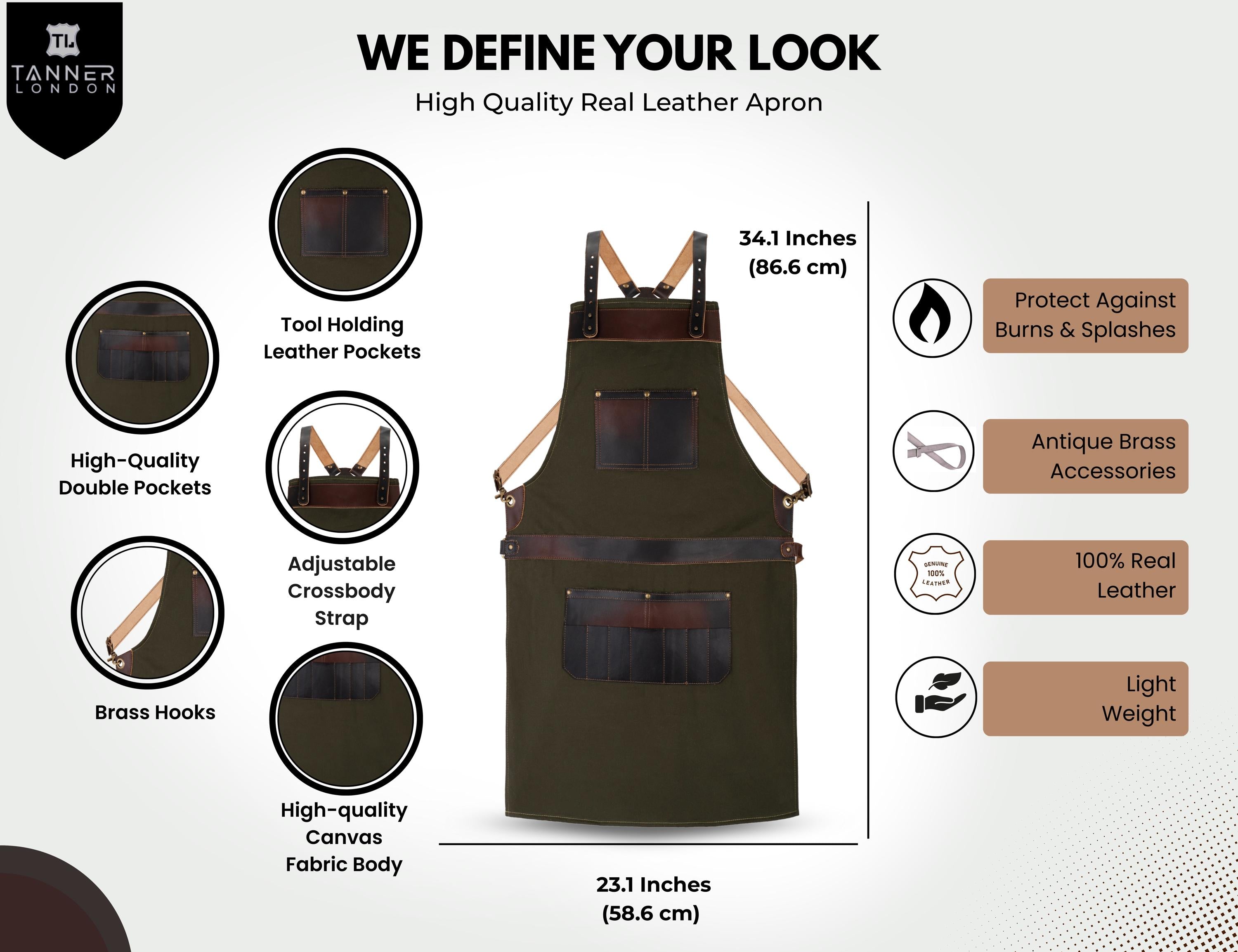 Green Canvas Apron with Leather Pockets: BBQ Chef Butcher Barber