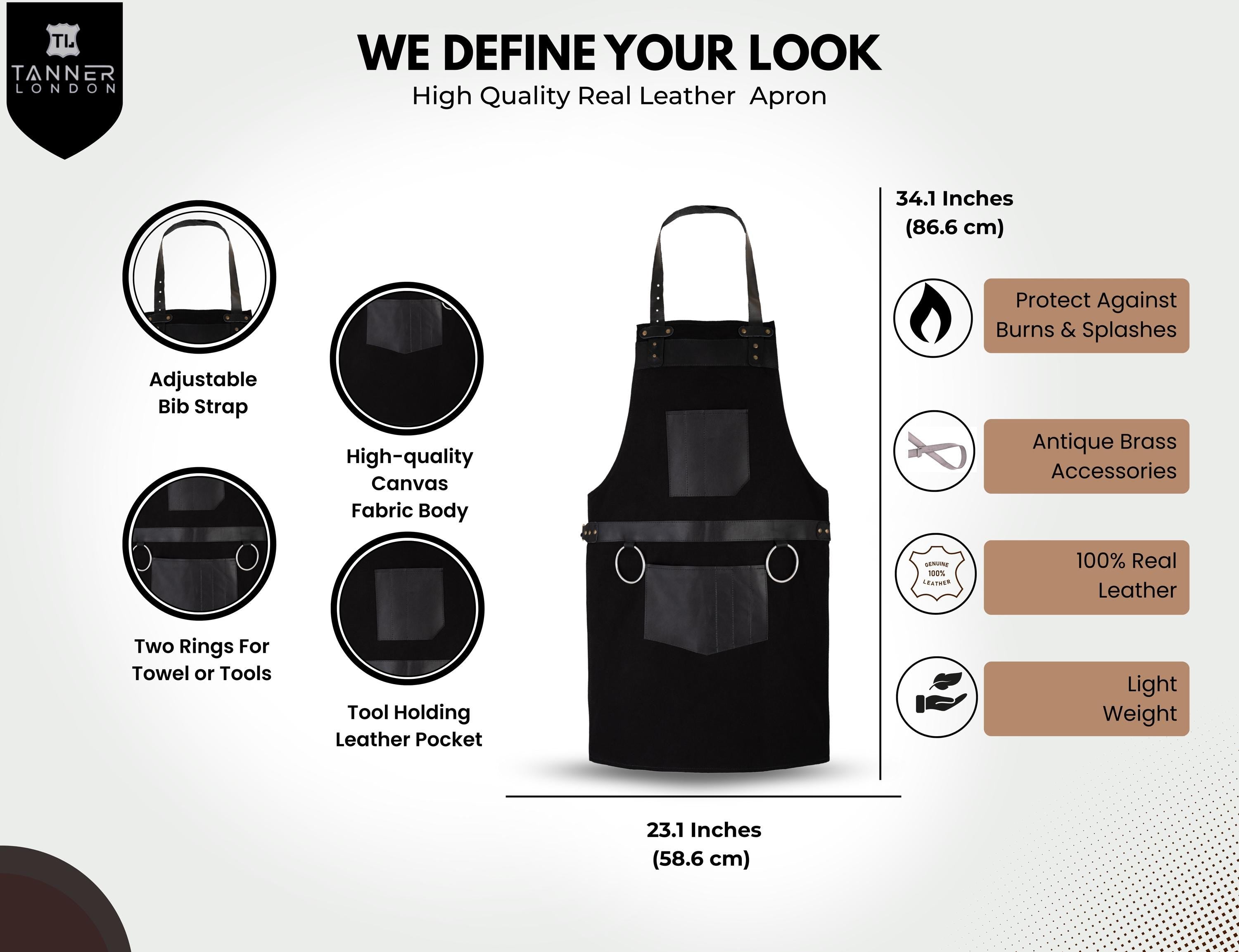 Black Canvas Work Apron with Leather Pockets - Butcher, BBQ, Barber