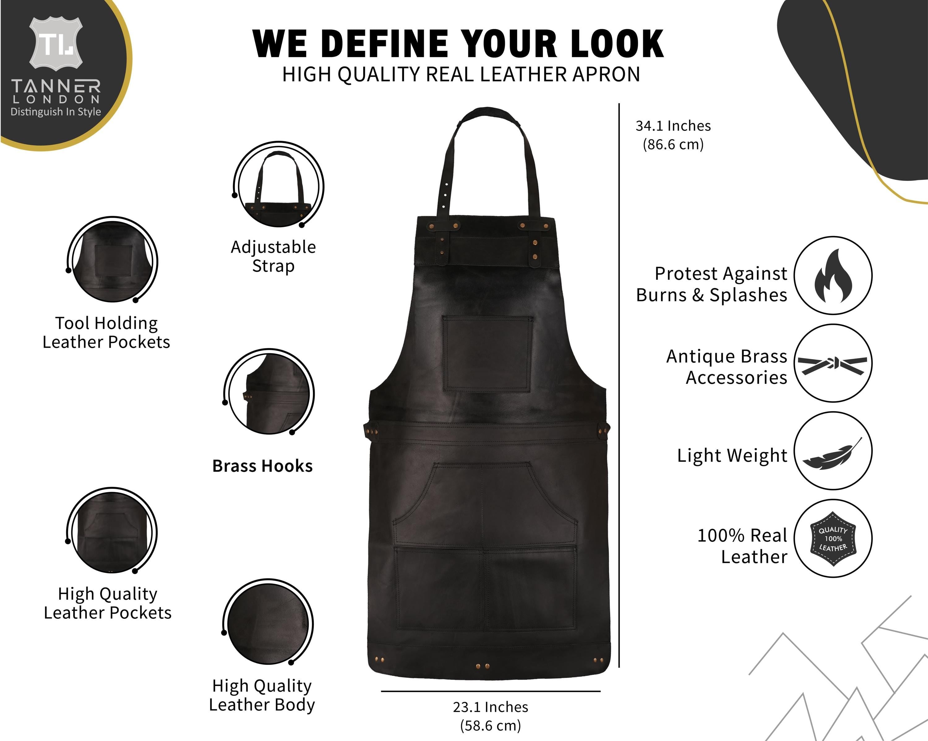 Handmade Full Grain Black Leather Apron with Pockets