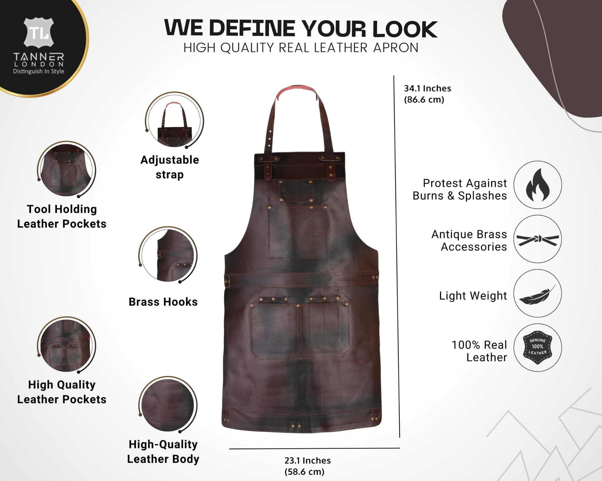 Dark Brown Full Grain Leather Apron: Handmade Crossbody Bib Apron