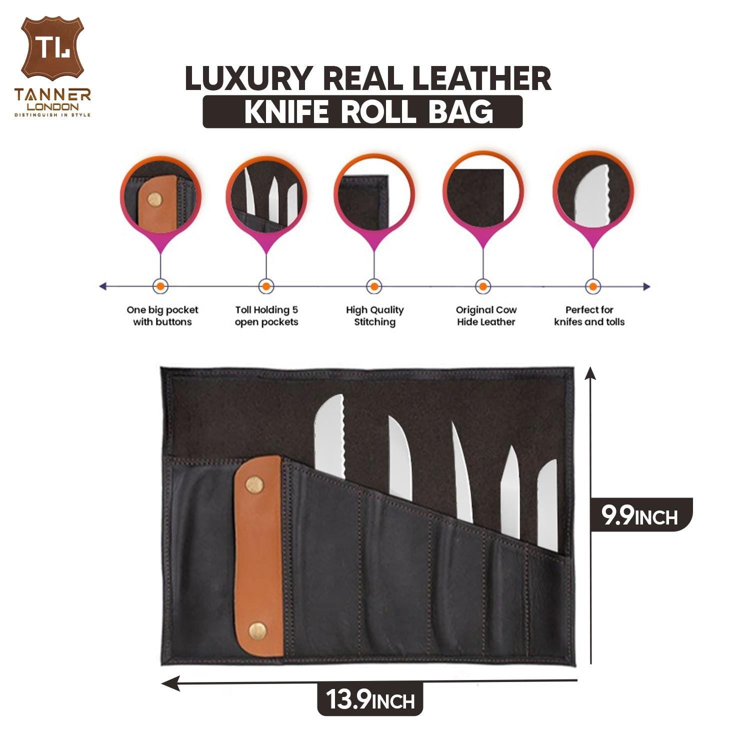 Handmade Full Grain Leather Chef Knife Roll - Tanner London