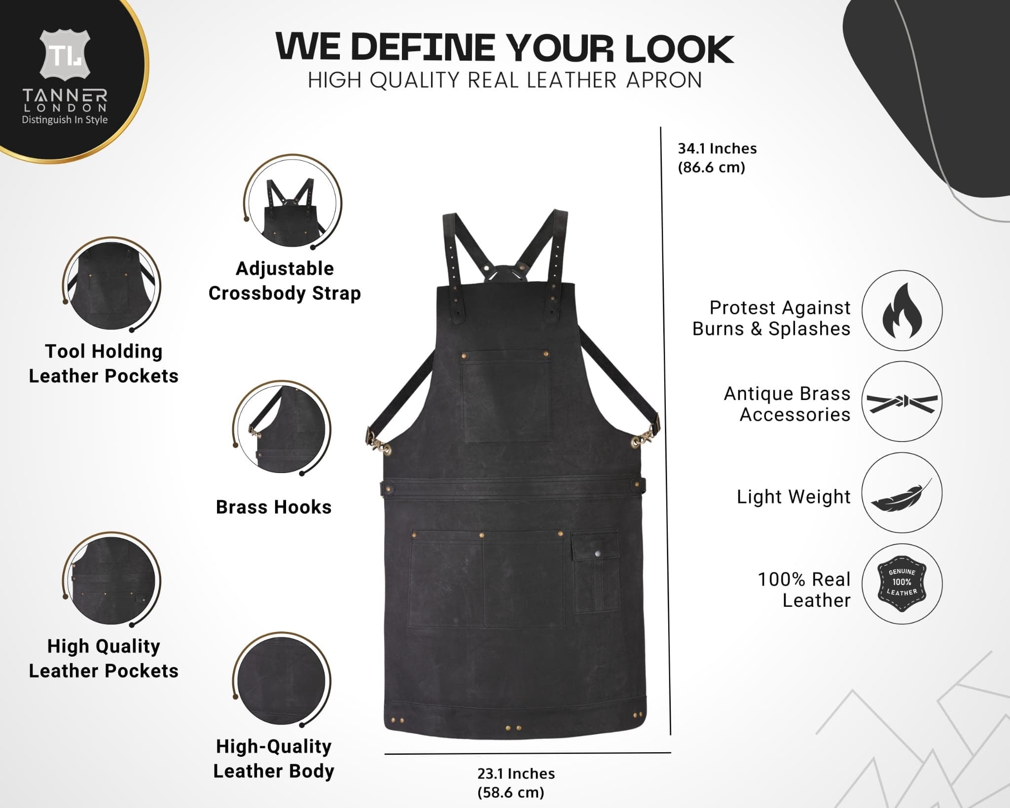 Handmade Full Grain Leather Apron, Black Cowhide, Crossbody Bib Design