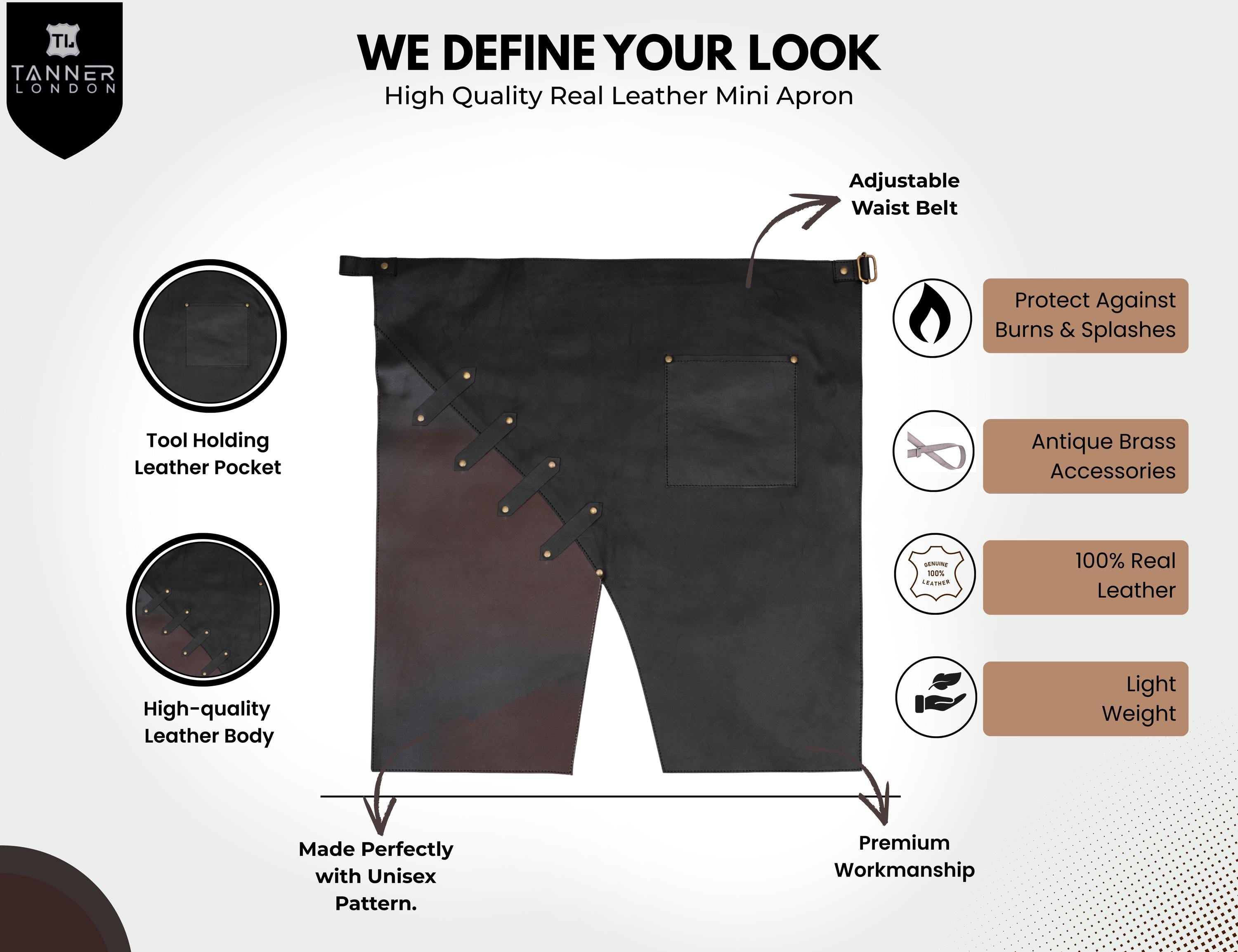 Handmade Real Leather Mini Apron Black & Brown – Unisex Apron with Tool Pocket, Adjustable Waist, Premium Workwear Gift for Him or Her...
