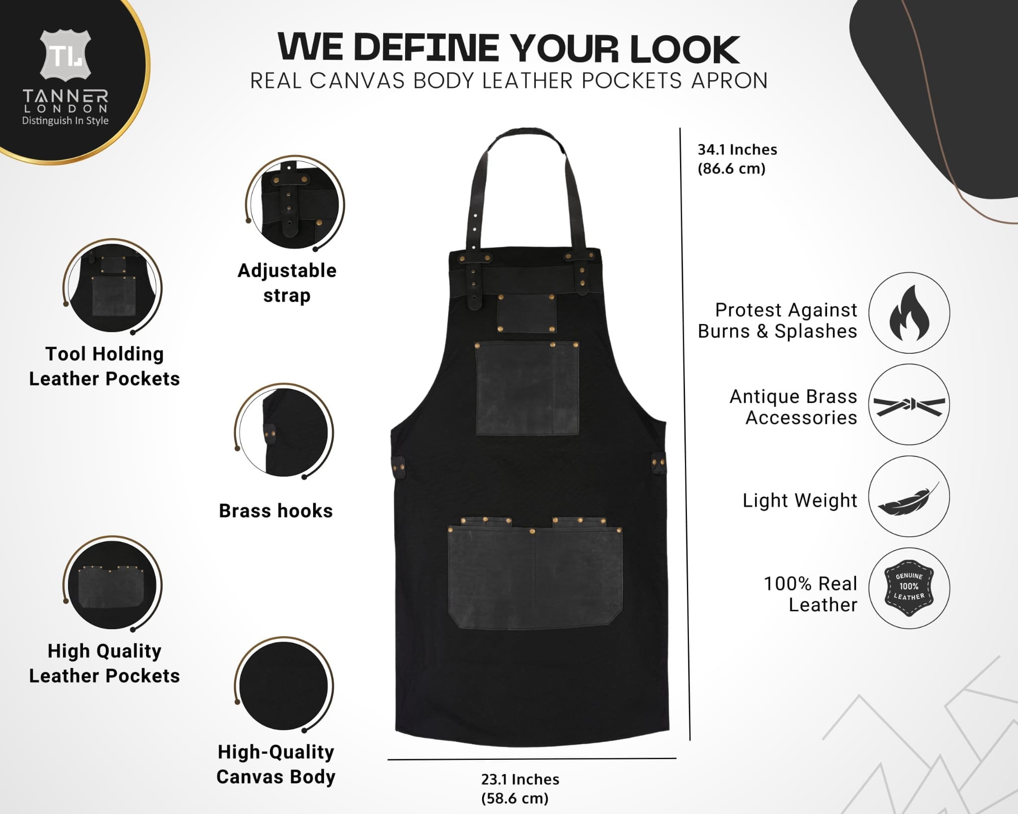 Handmade Black Canvas Apron: Leather Pockets, Adjustable Chef Apron