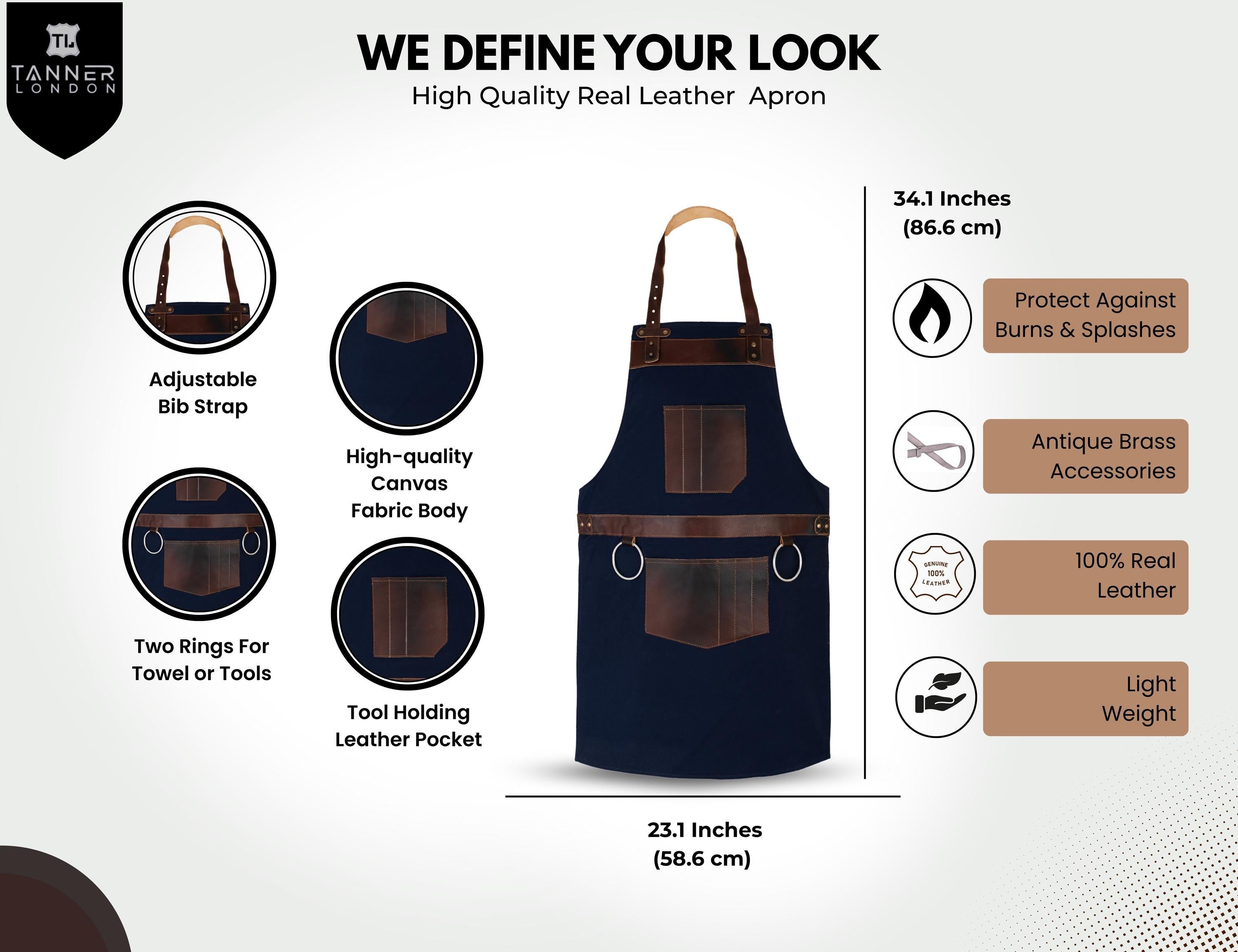Blue Canvas Apron with Leather Pockets: Handcrafted Workwear