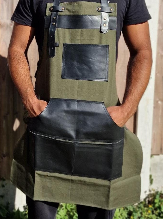 Handmade Green Canvas Apron: Leather Pockets, BBQ Chef Apron
