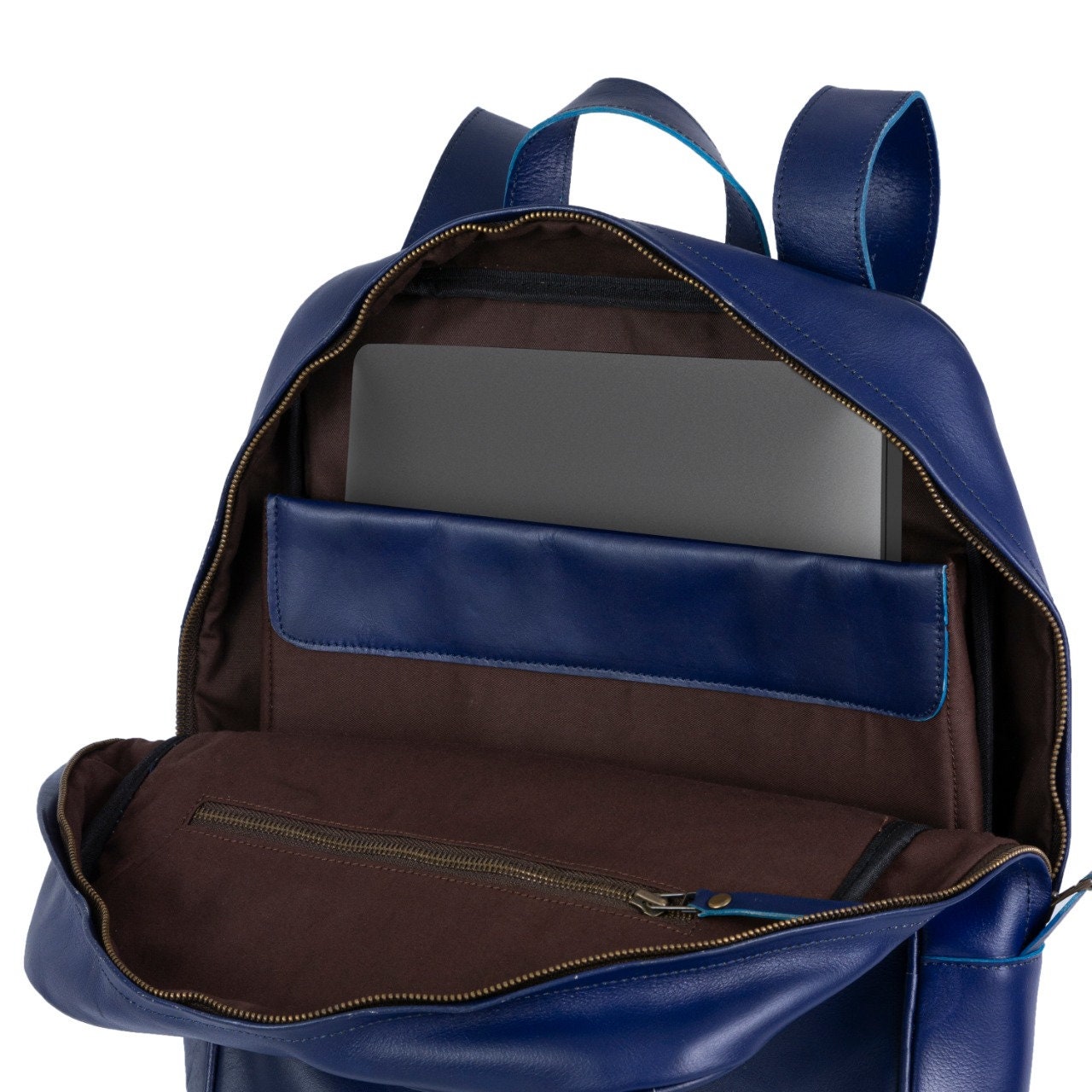 Handmade Blue Leather Backpack: Full Grain Travel Laptop Bag