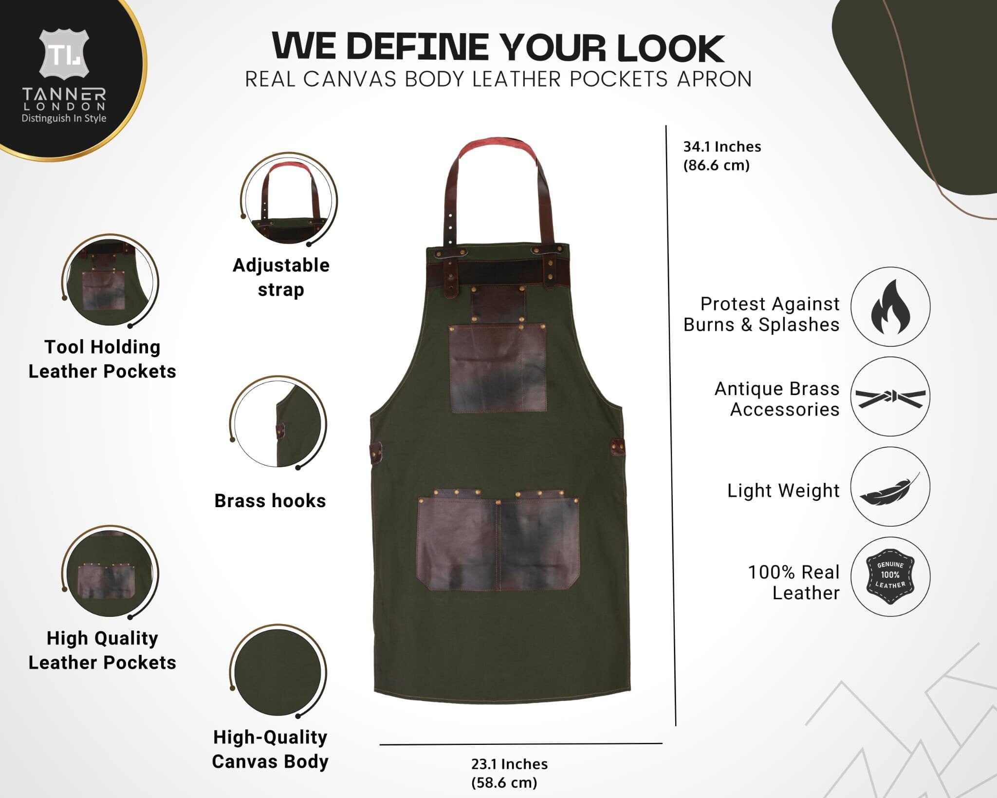 Green Canvas Apron: Leather Pockets, Adjustable Chef Apron