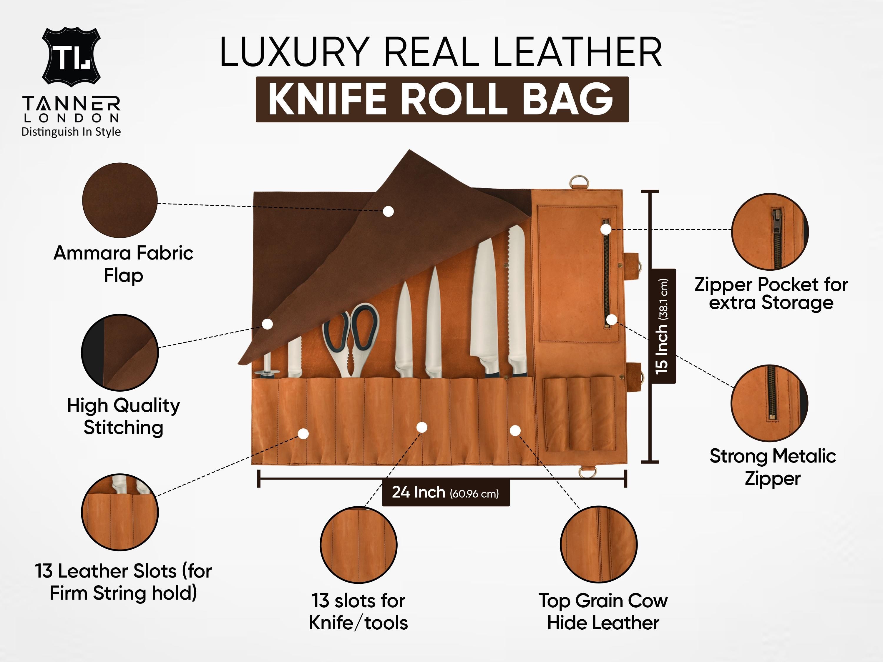 Handmade Tan Leather Chef Knife Roll: Travel Knife Case