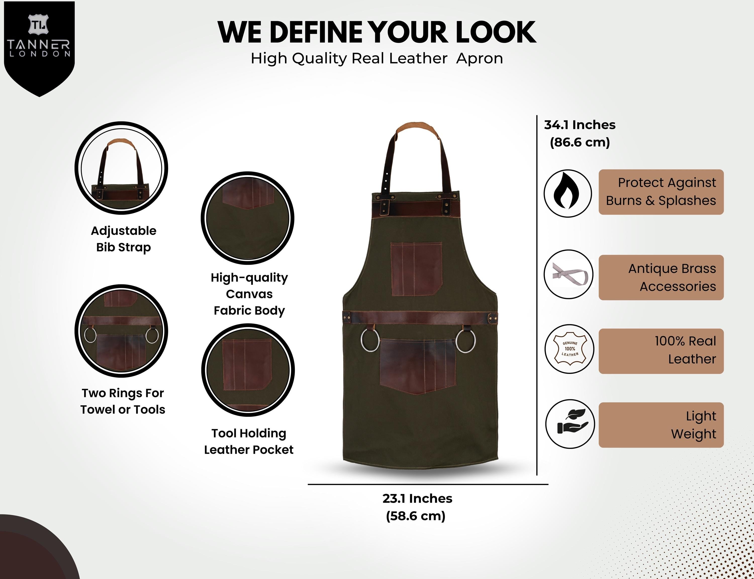 Green Canvas Work Apron: Leather Pockets, Adjustable Fit