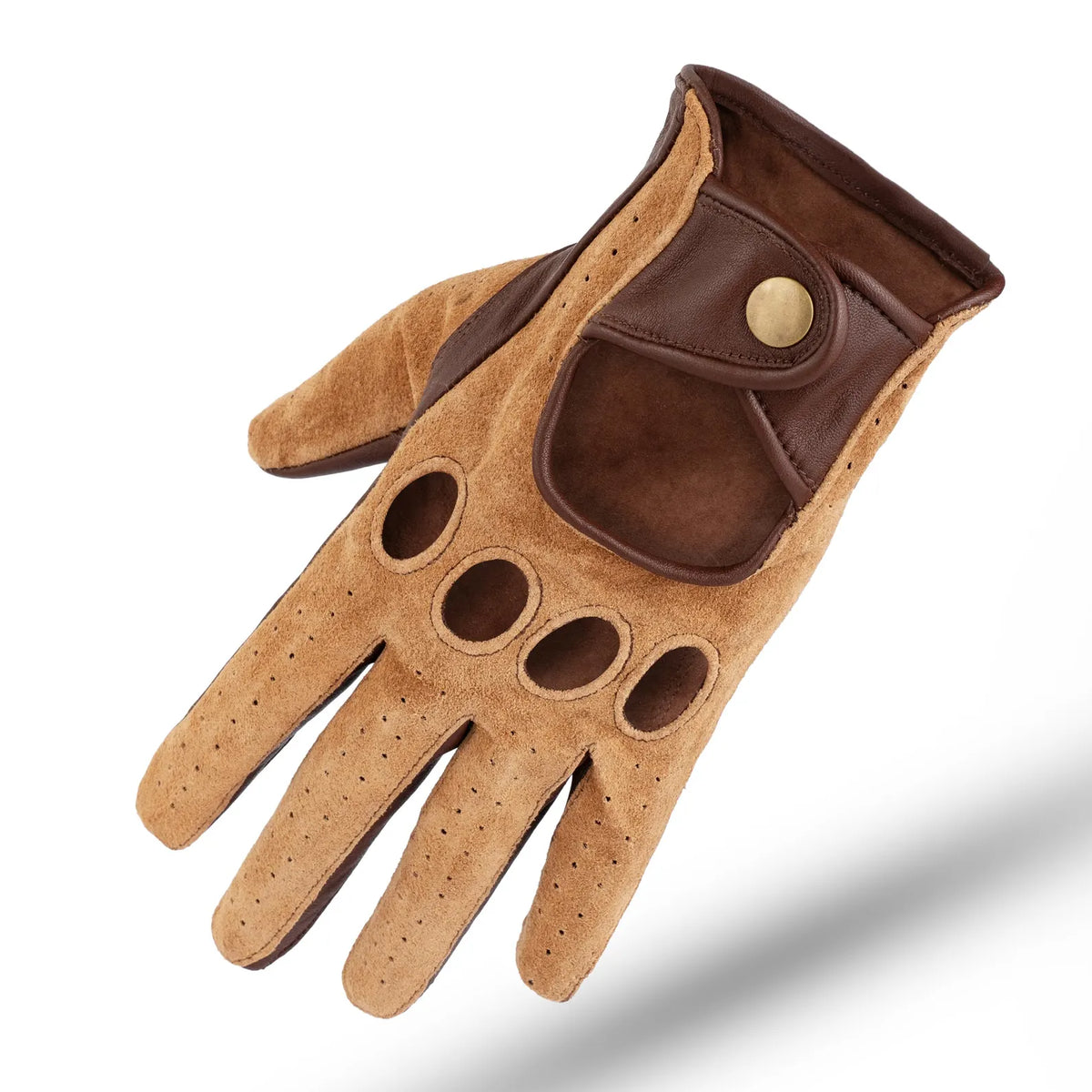 Genuine Leather Driving Gloves – Retro Perforated Motorcycle Cycling Open-Knuckle Wrist Strap