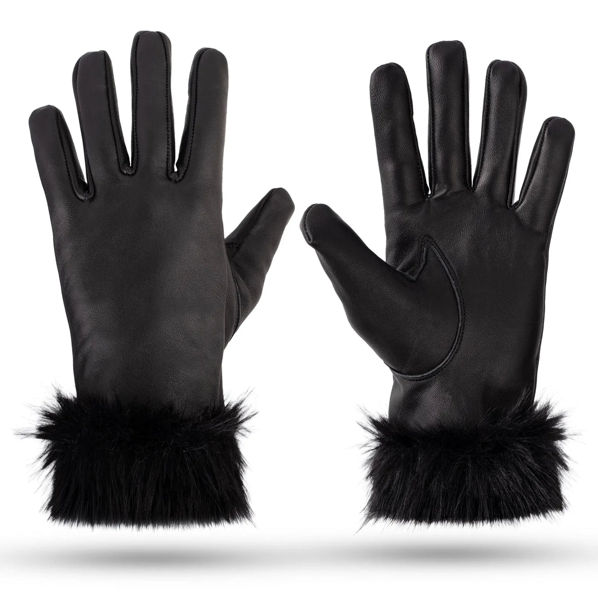 Genuine Leather Gloves, Faux Fur Cuff, Winter Driving Gloves (Black & Brown)