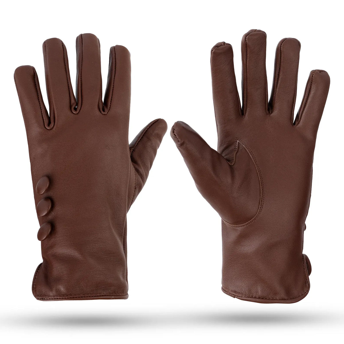 Genuine Sheepskin Leather Gloves, Warm Fleece Lined, Elegant Button Detail (Black/Brown)