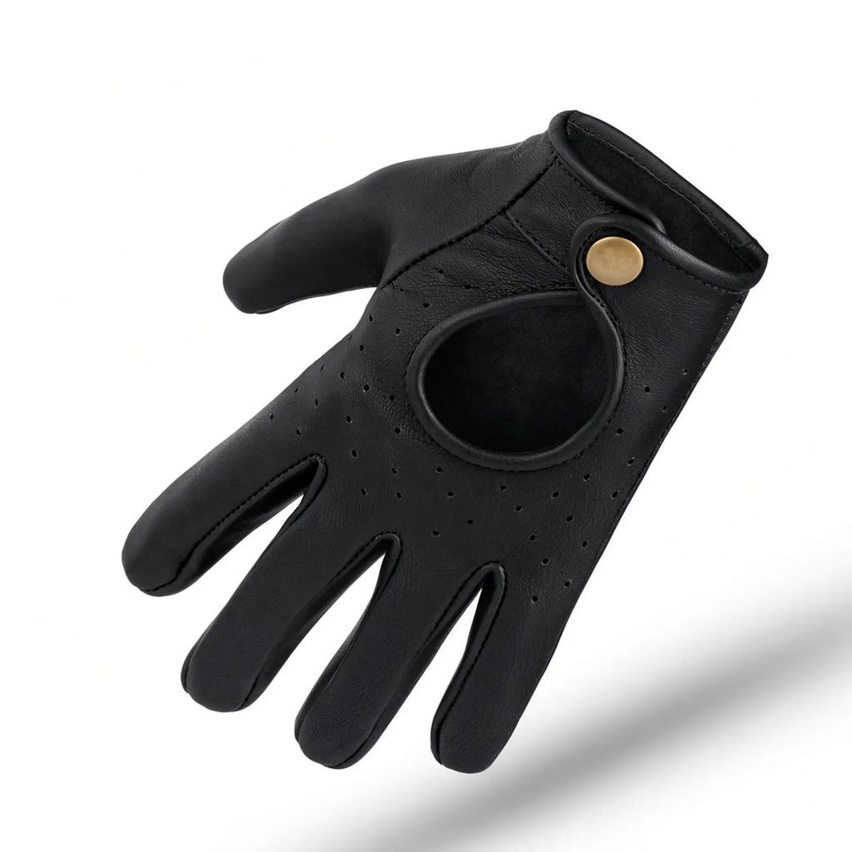 Genuine Leather Driving Gloves, Vintage Full Finger, Perforated Detail, Press-Stud Closure (Black/Brown)
