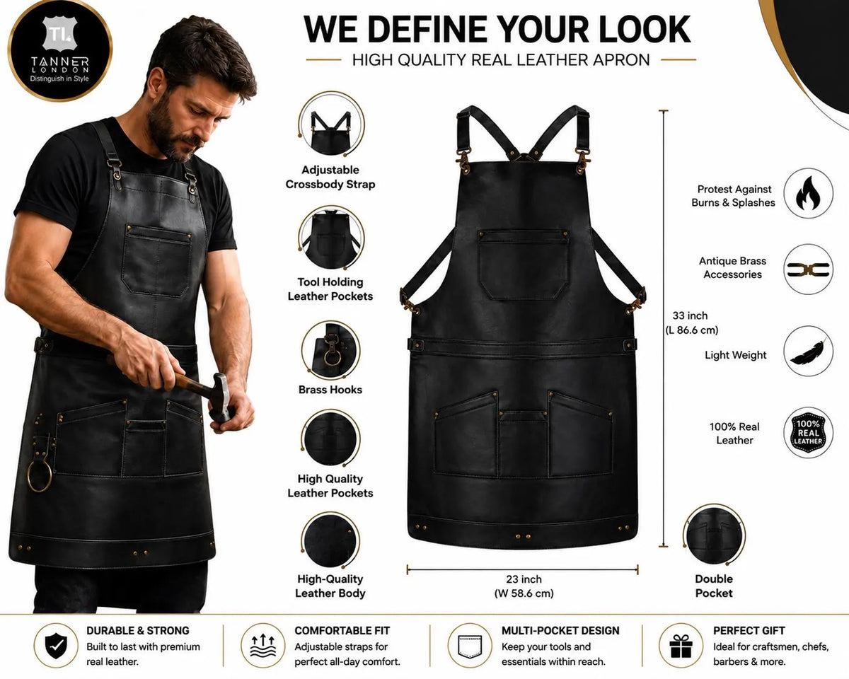 Full Grain Leather Cross-Back Apron, Multi-Pocket Workshop Wear (Black )
