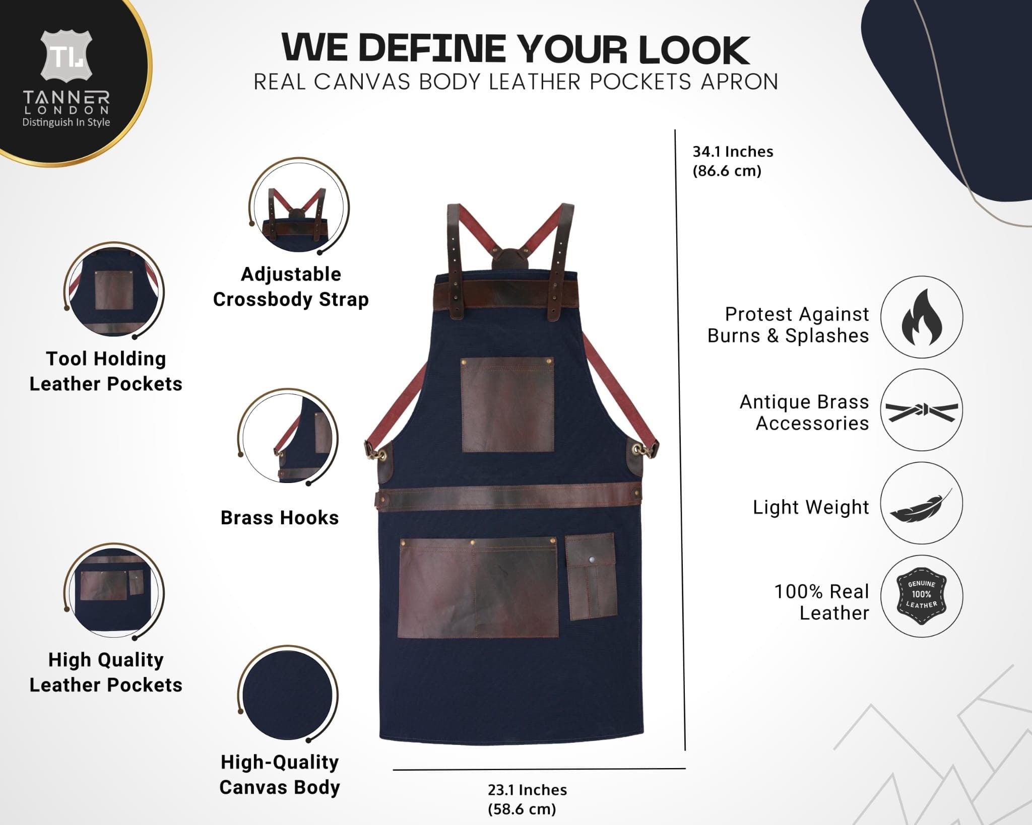 Canvas Apron with Leather Pockets: Adjustable Chef, BBQ, Woodwork