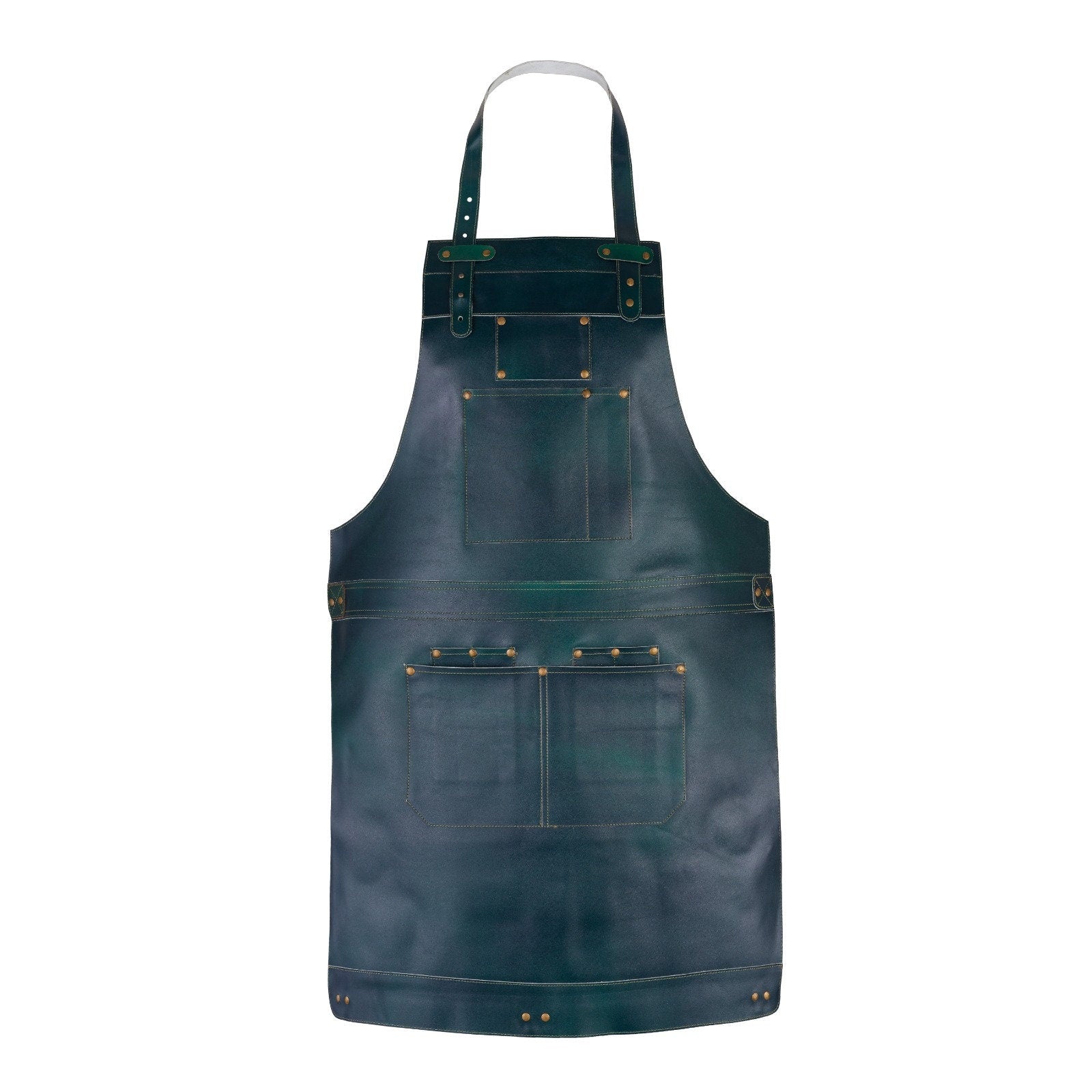 Green Full Grain Leather Apron – Handmade Crossbody Bib, 3 Pocket