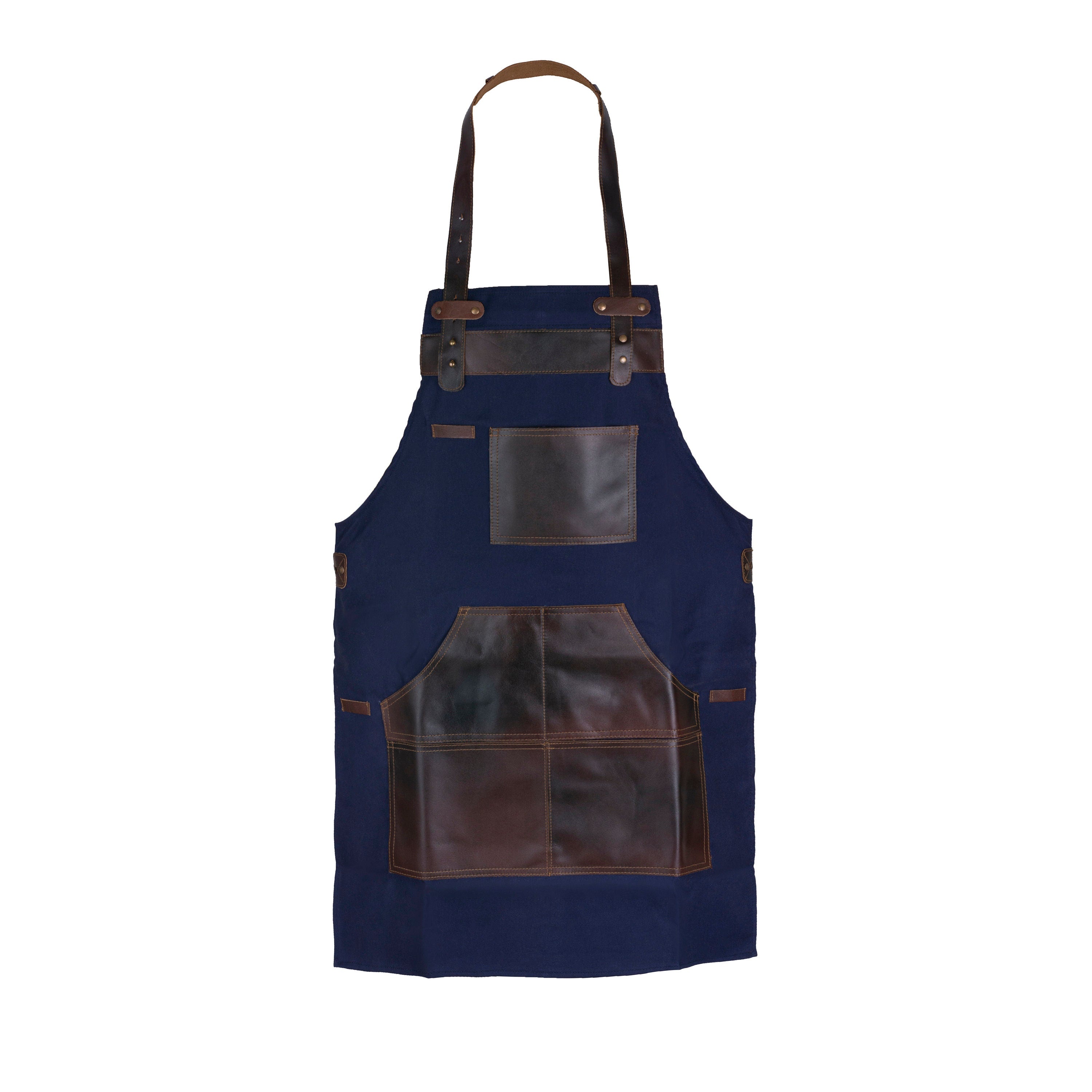 Handmade Blue Canvas Apron: Leather Pockets, Chef BBQ Apron