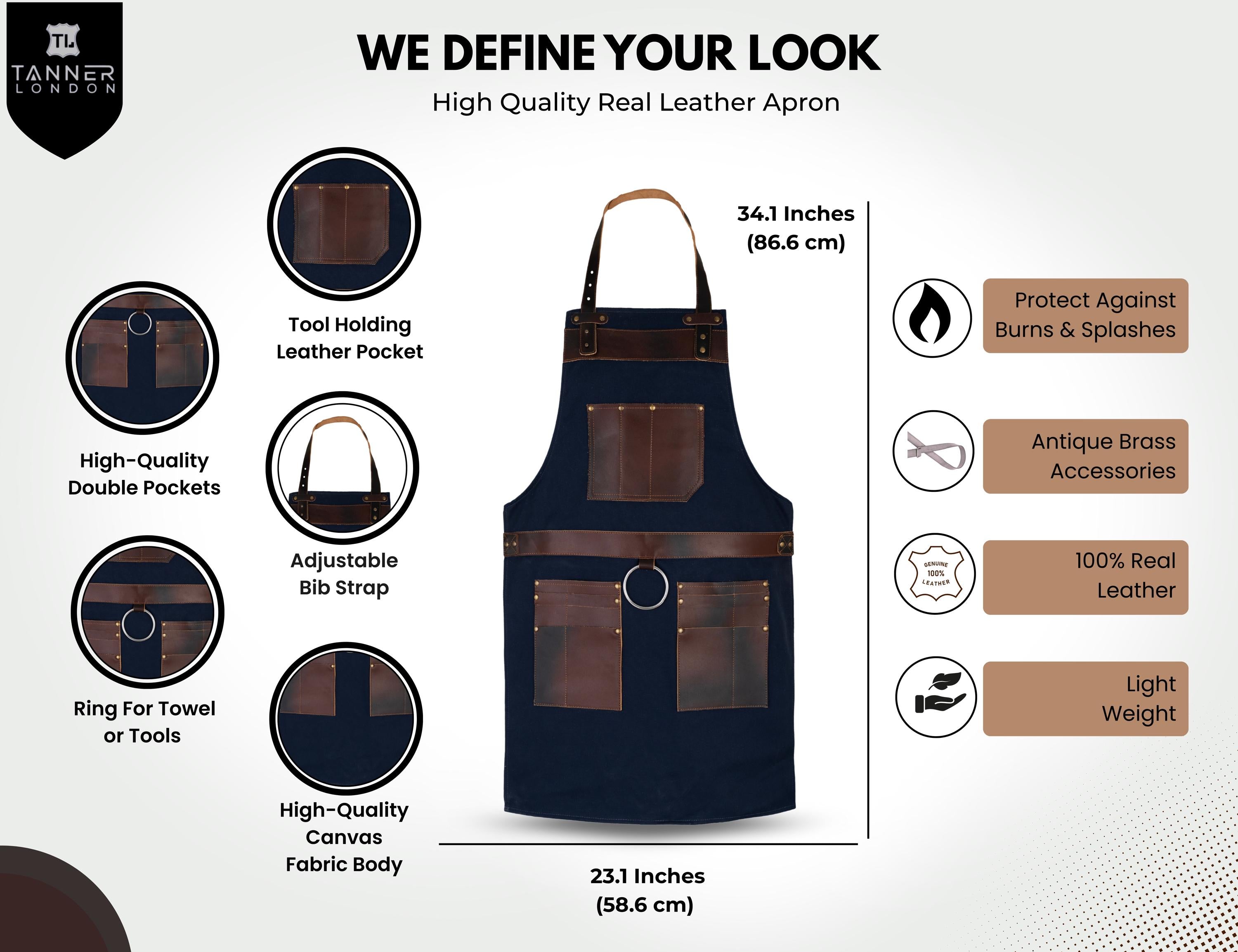 Blue Canvas Apron with Leather Pockets: Handcrafted Workwear