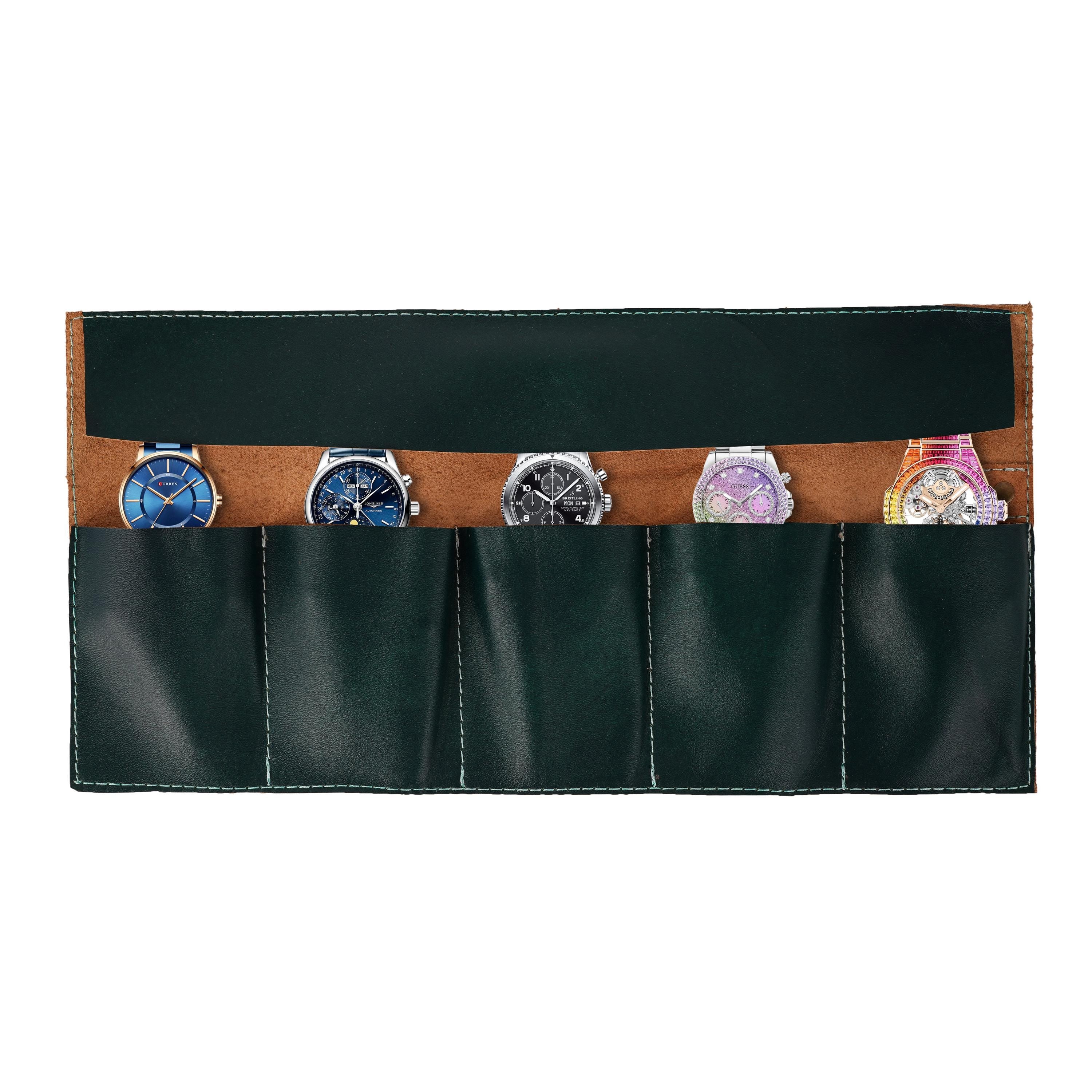 Handmade Full Grain Leather Watch Roll: Green Travel Organizer with Pouch