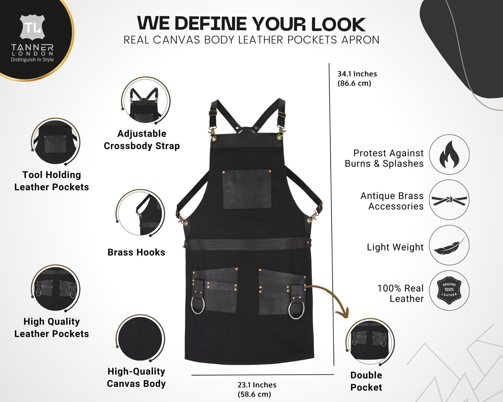 Black Canvas Apron with Leather Pockets – Butcher, Chef, Barber