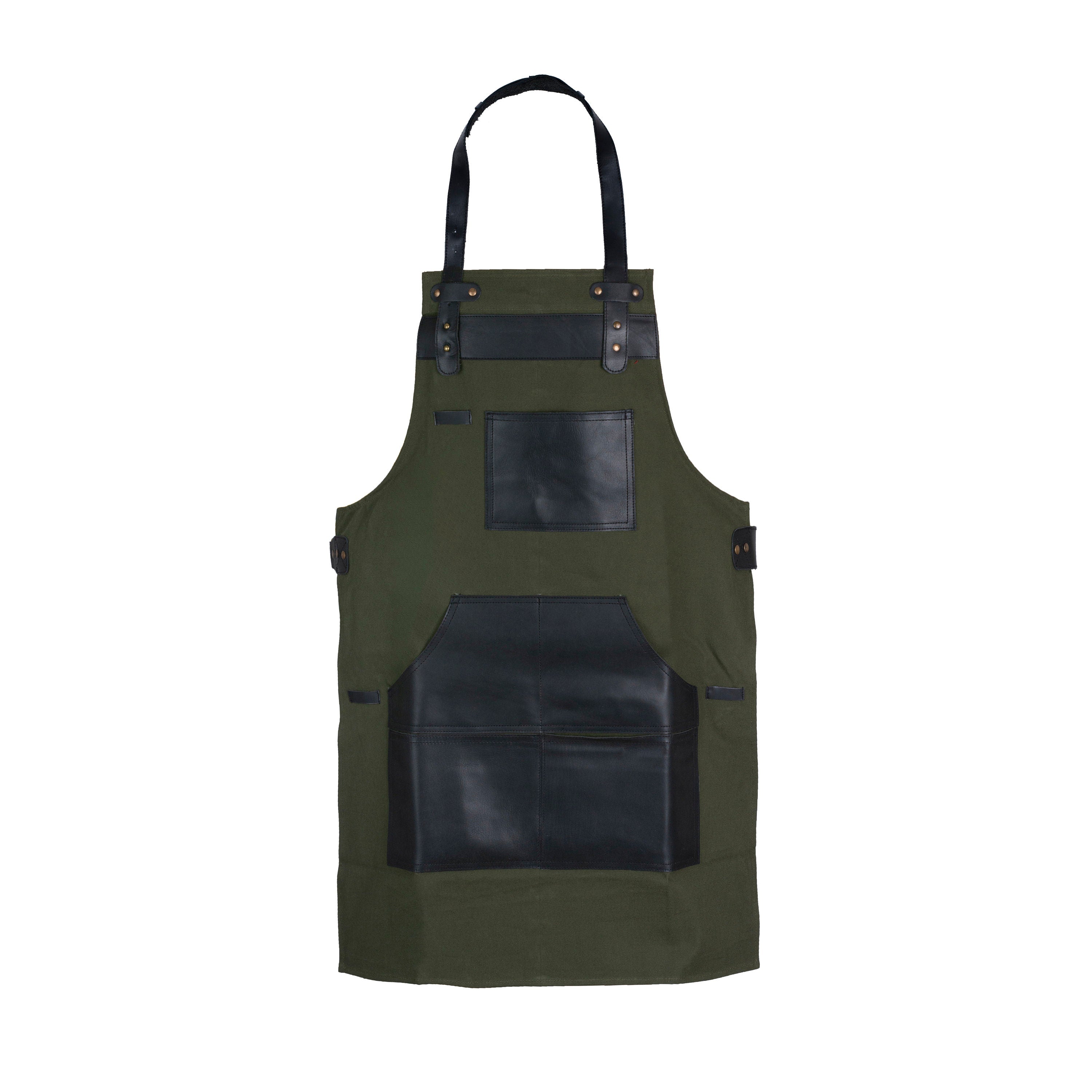 Handmade Green Canvas Apron: Leather Pockets, BBQ Chef Apron