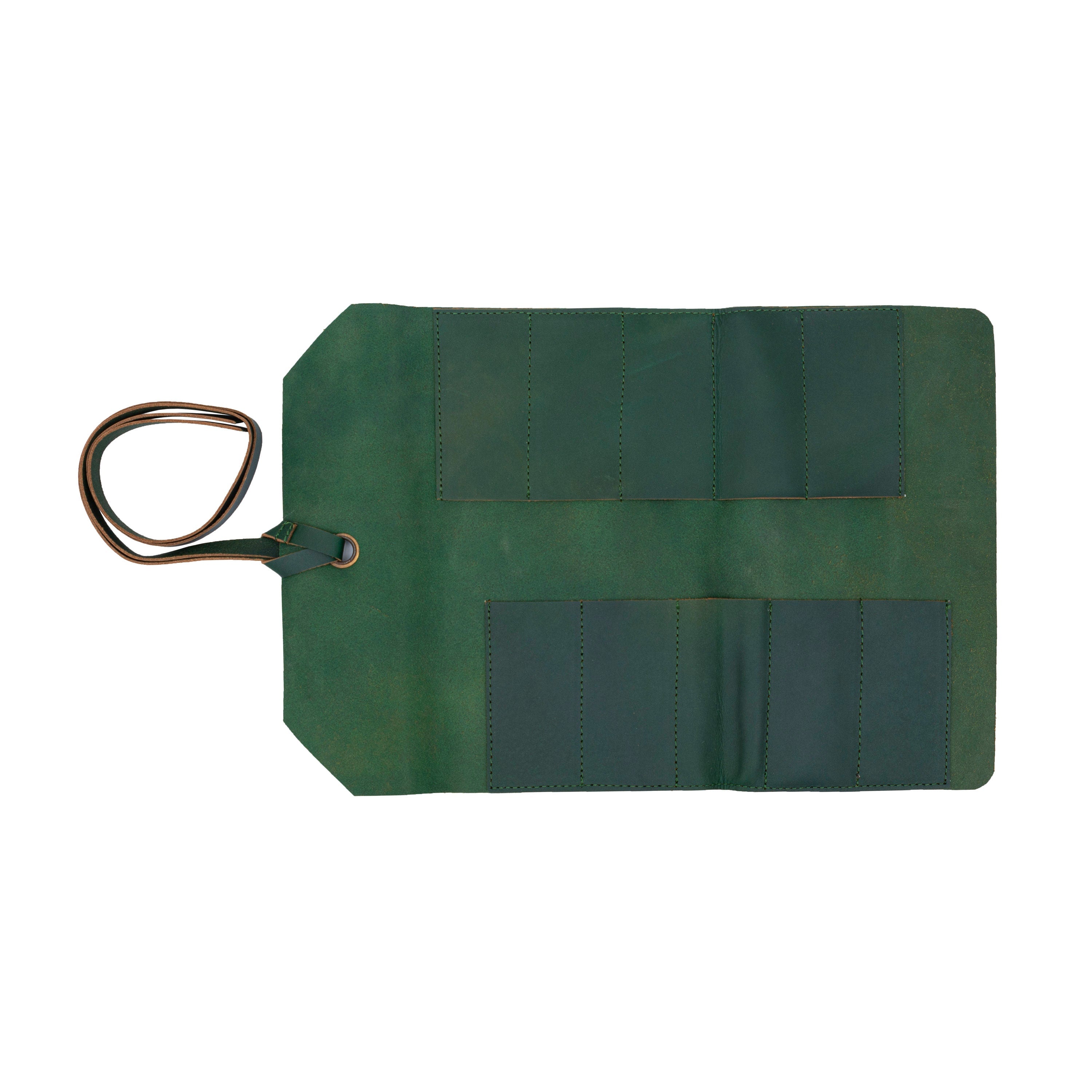 Handmade Green Leather Chef Knife Roll, Full Grain Leather