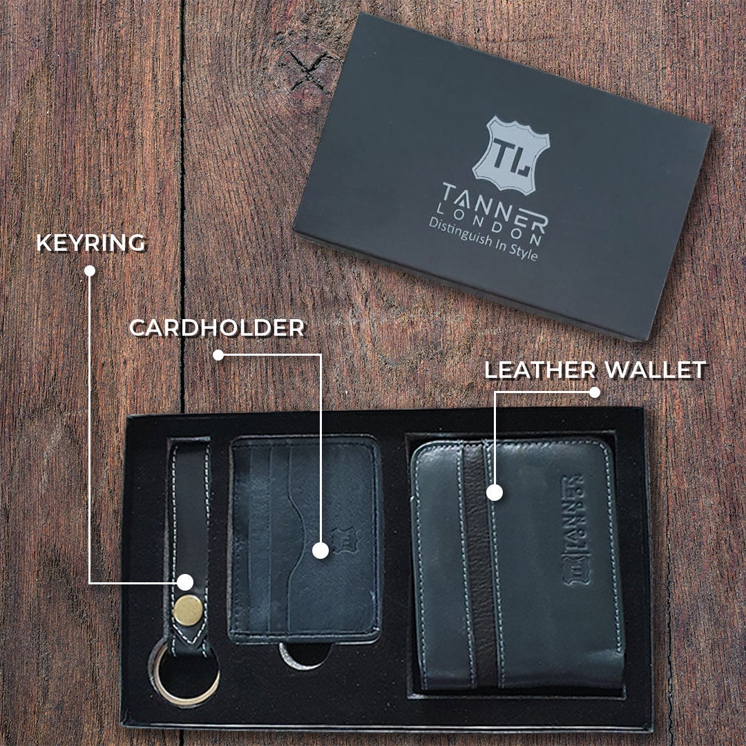Mens Real Leather GiftBox Bifold Wallet, Card holder and Keychain RFID Handmade Genuine