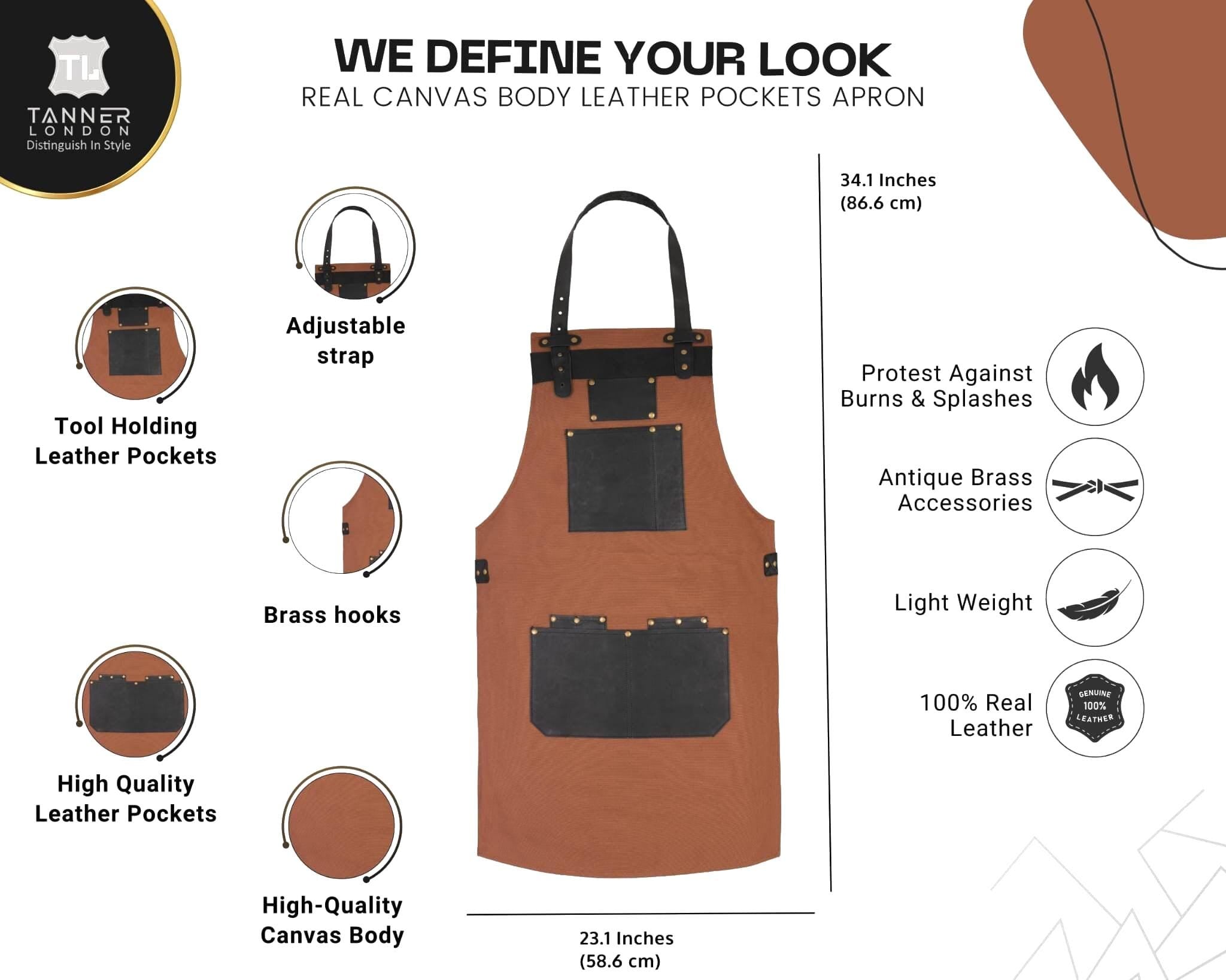 Canvas Apron with Leather Pockets: Adjustable Chef Apron
