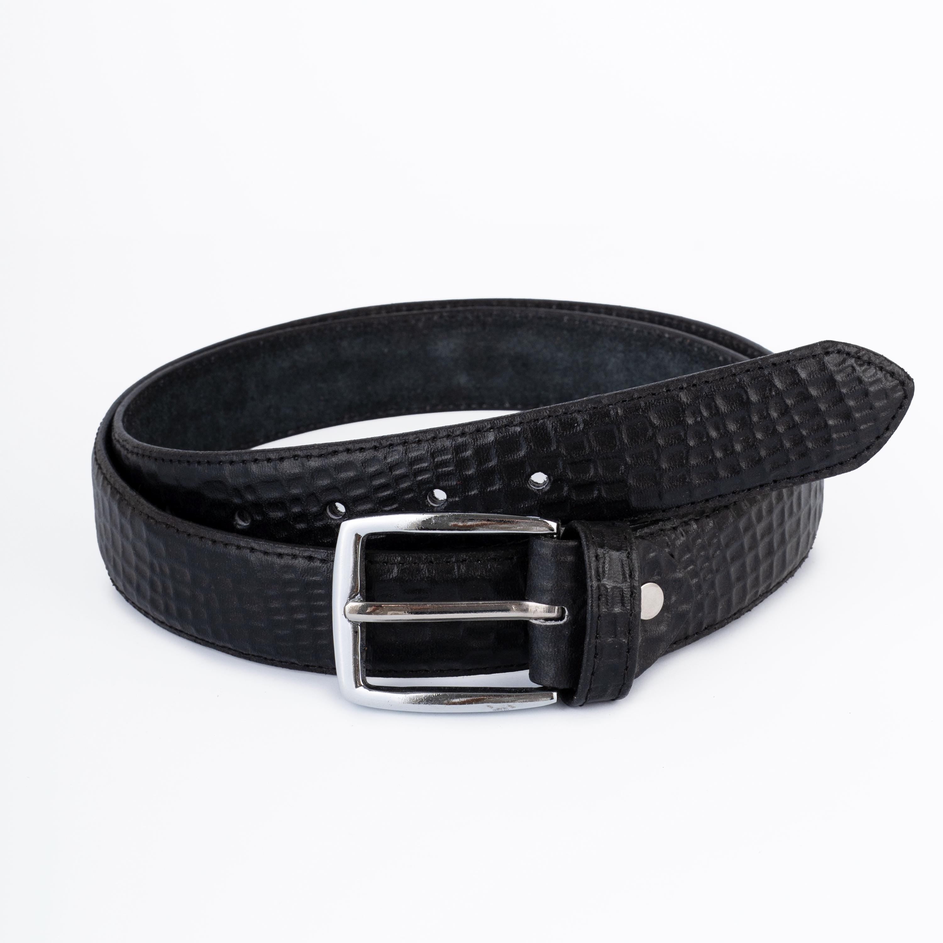 Classic Black Leather Belt – Textured Genuine Leather with Silver Buckle