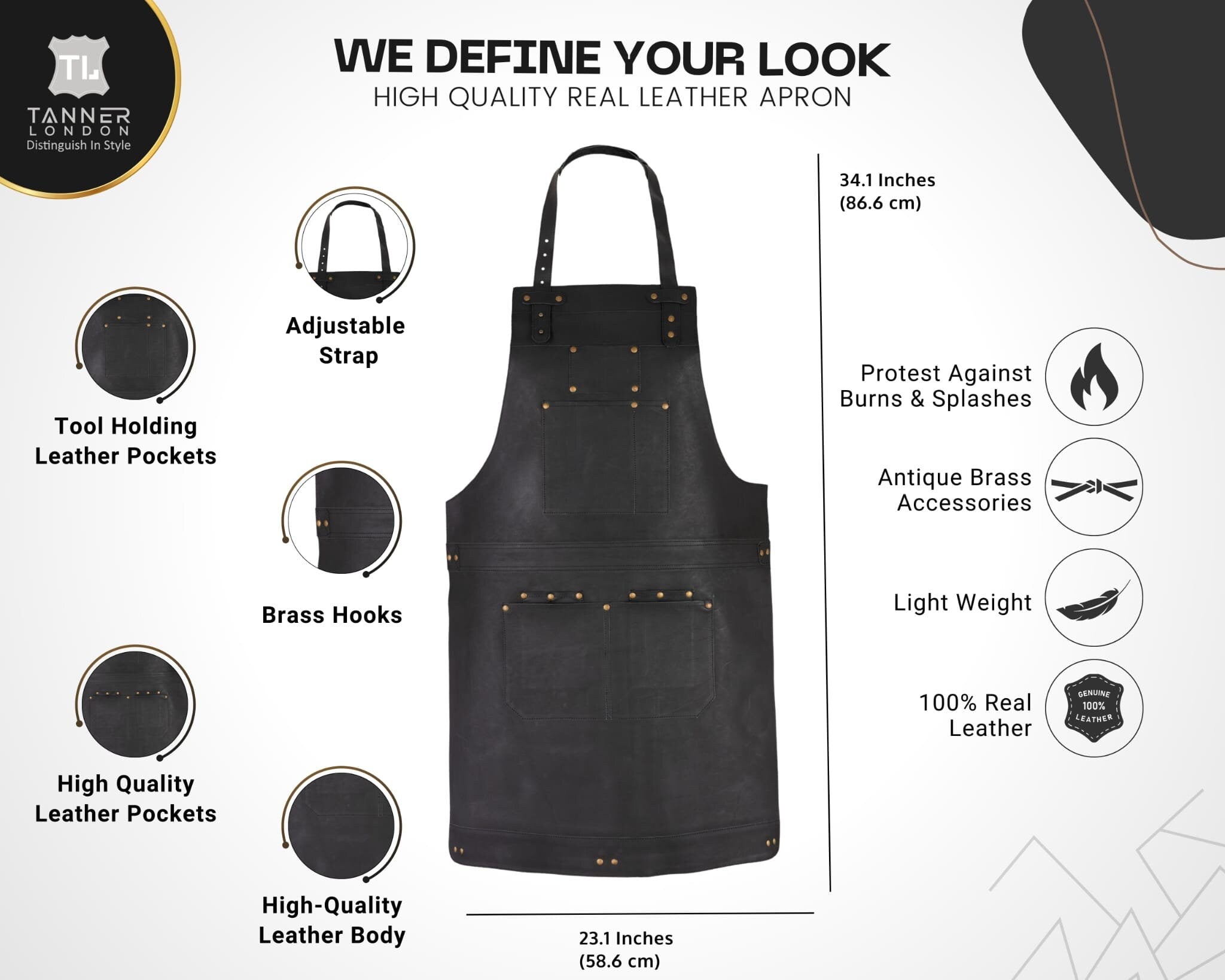 Black Full Grain Leather Apron - Butcher, Barber, Woodworking