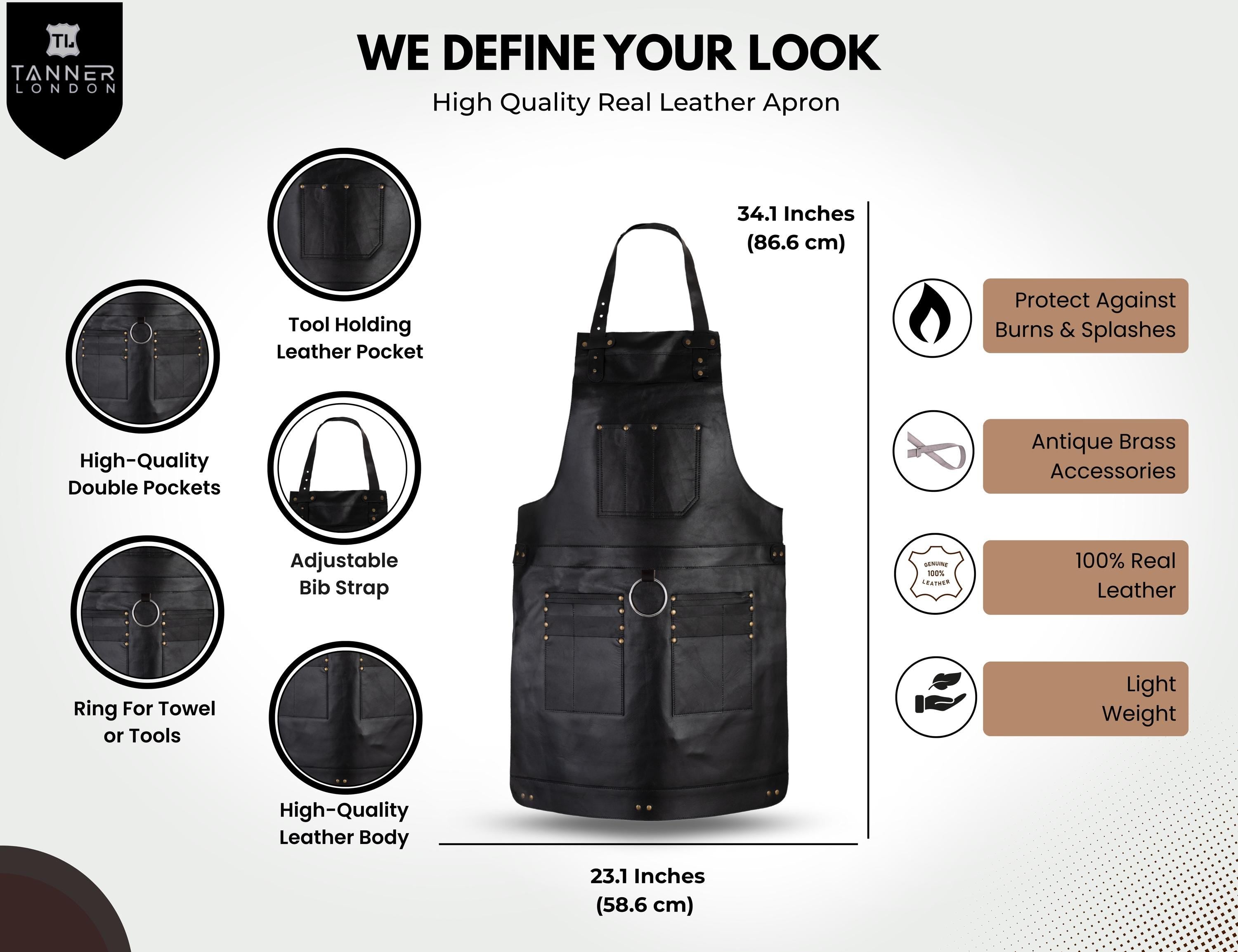 Black Leather Work Apron: Adjustable Full Grain Cowhide with Pockets