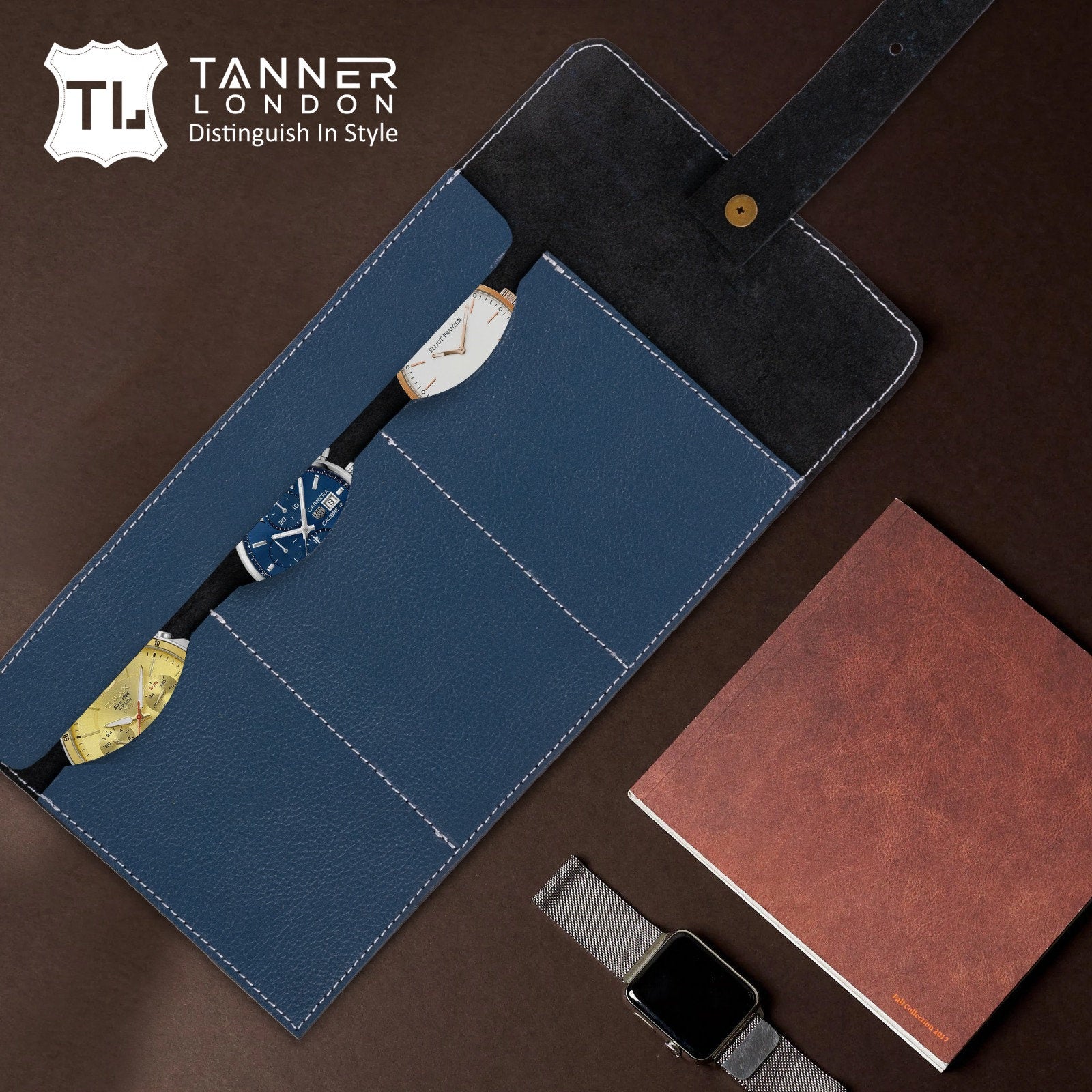 Blue Leather Watch Roll: Handmade Full Grain Travel Pouch