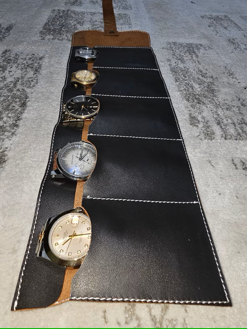 Handmade Full Grain Leather Watch Roll: Travel Storage Pouch