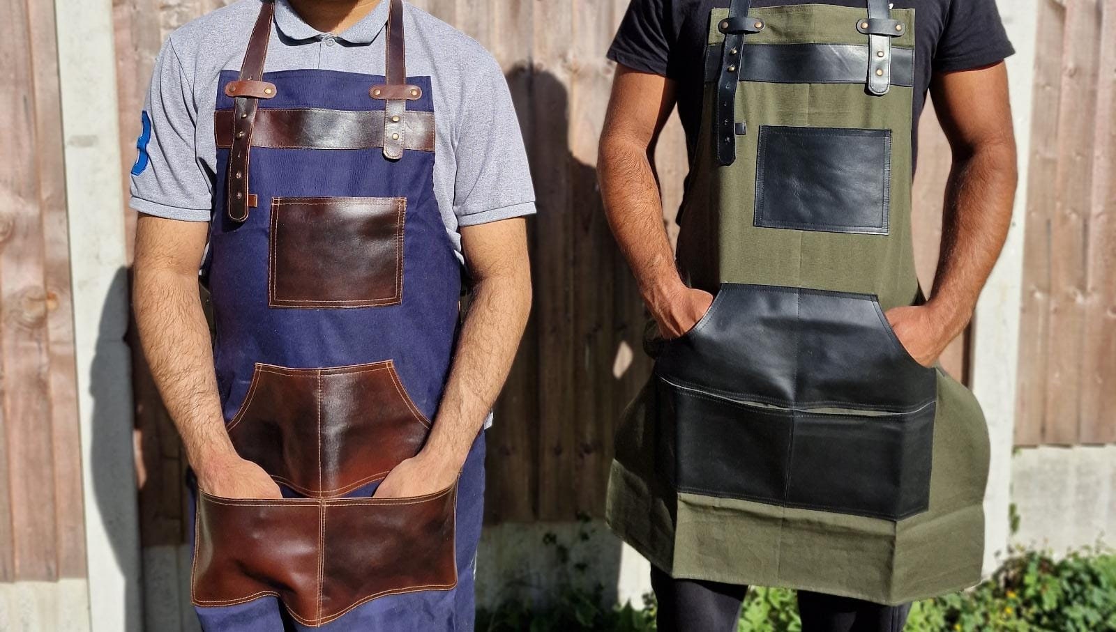 Handmade Blue Canvas Apron: Leather Pockets, Chef BBQ Apron