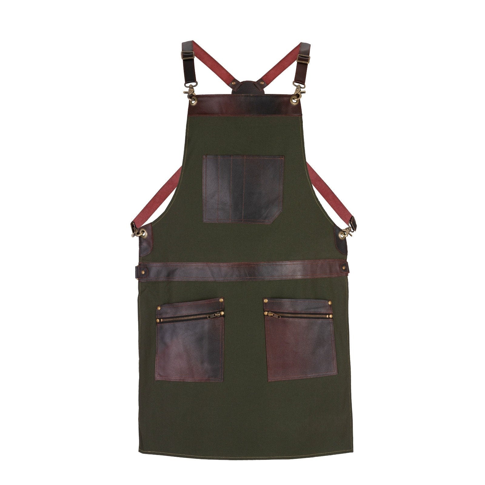 Green Canvas Apron with Leather Pockets, Adjustable Work Apron