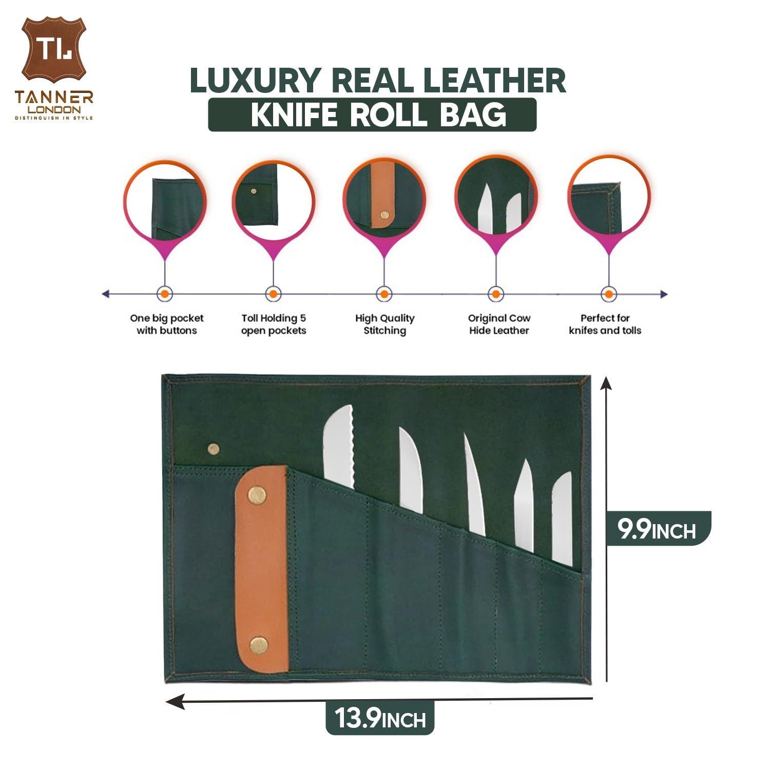 Handmade Green Leather Chef Knife Roll: Vintage Style