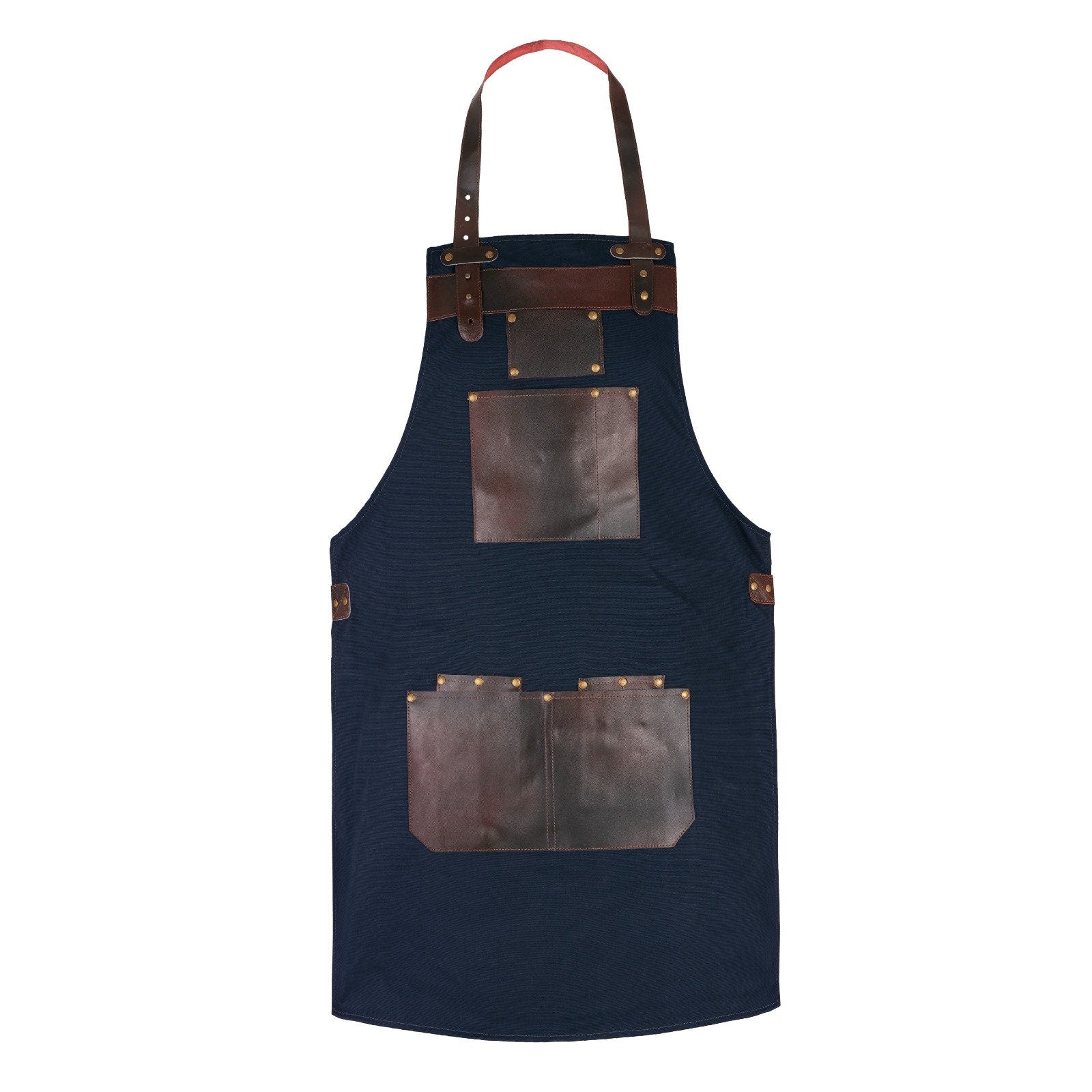 Blue Canvas Apron: Leather Pockets, Adjustable Chef Apron