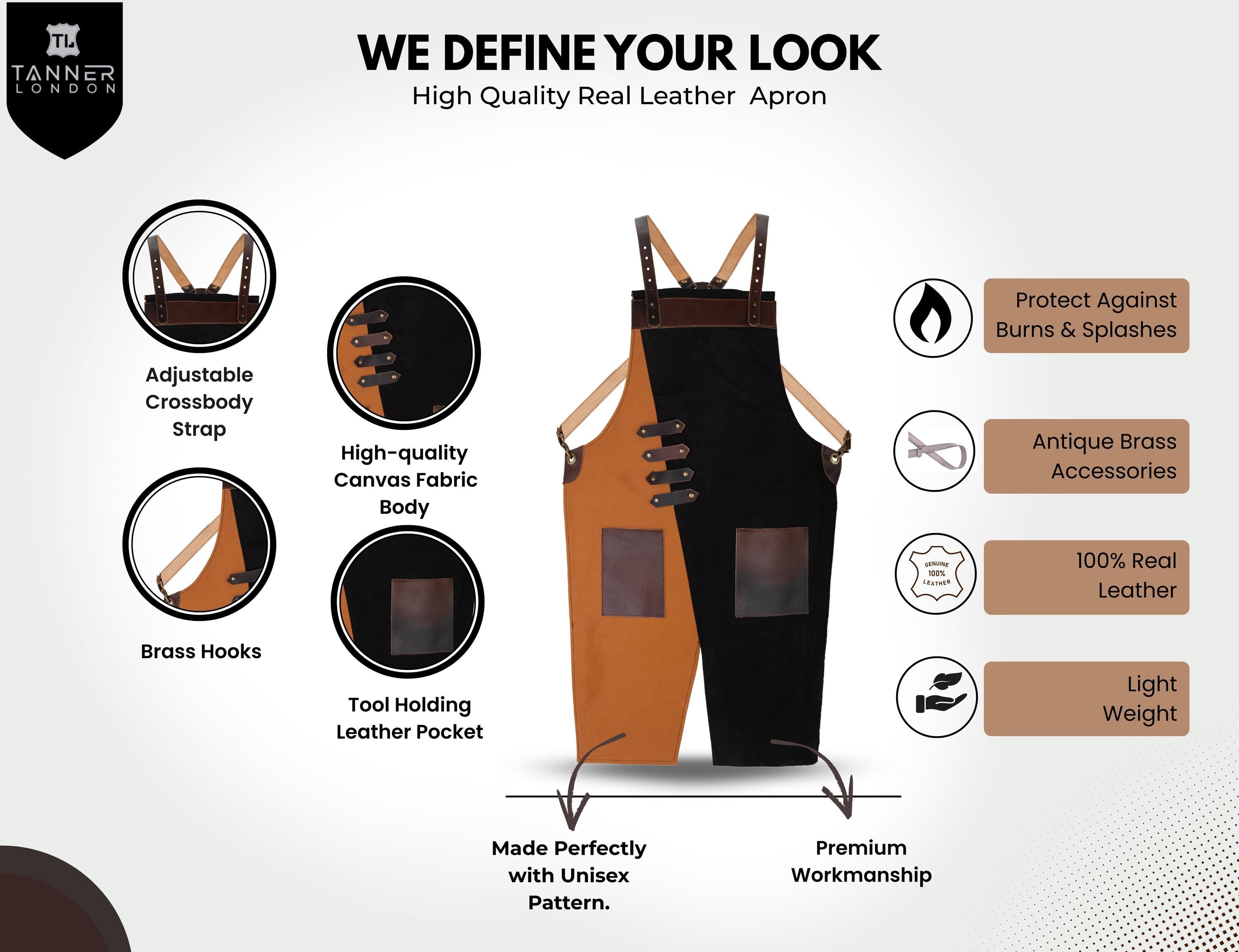 Canvas Apron with Leather Pocket – Split Leg Design, Chefs & Makers –Premium Workwear BBQ, Barber, Woodwork, Blacksmith Gift for Him or Her.