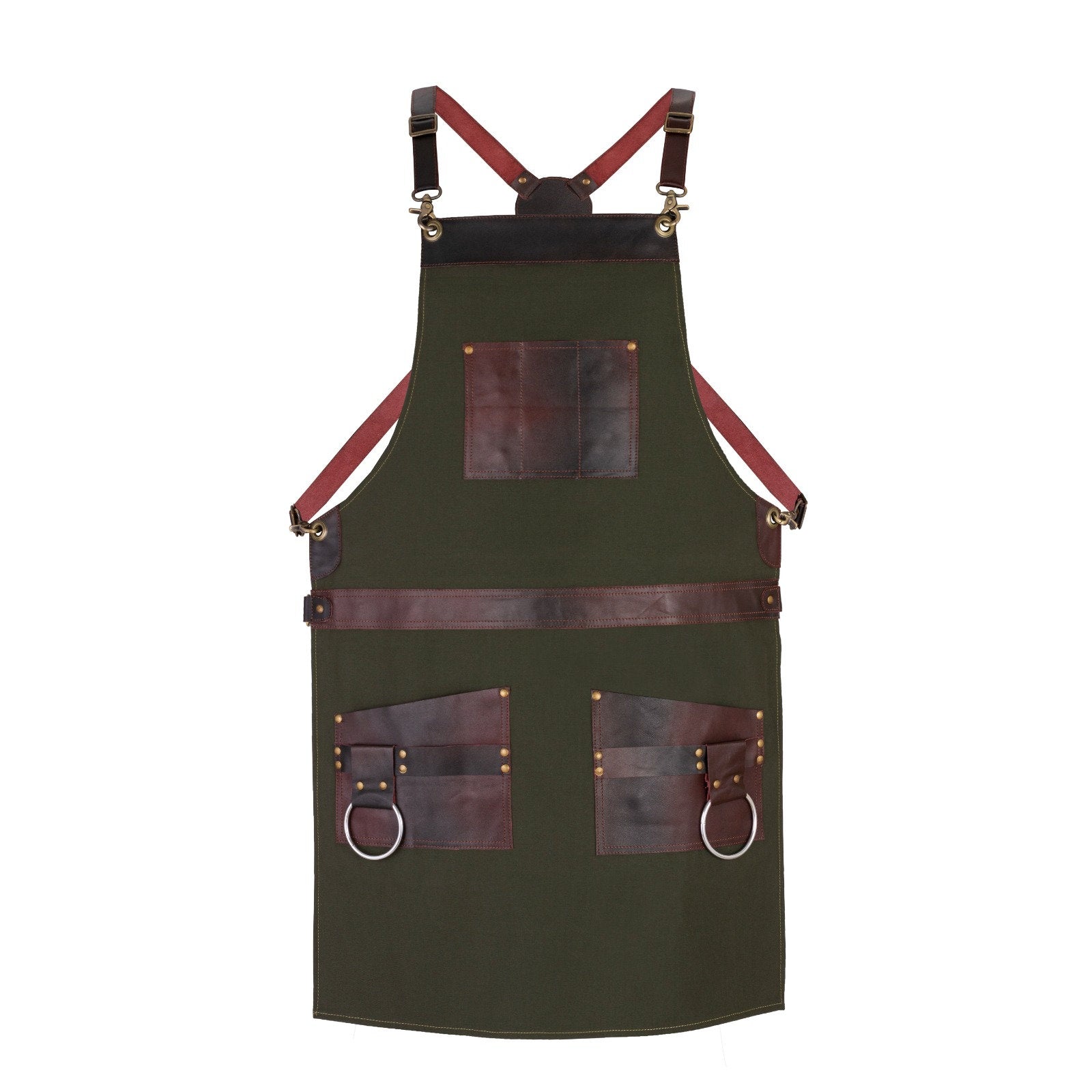 Green Canvas Apron with Leather Pockets – Handmade Work Apron