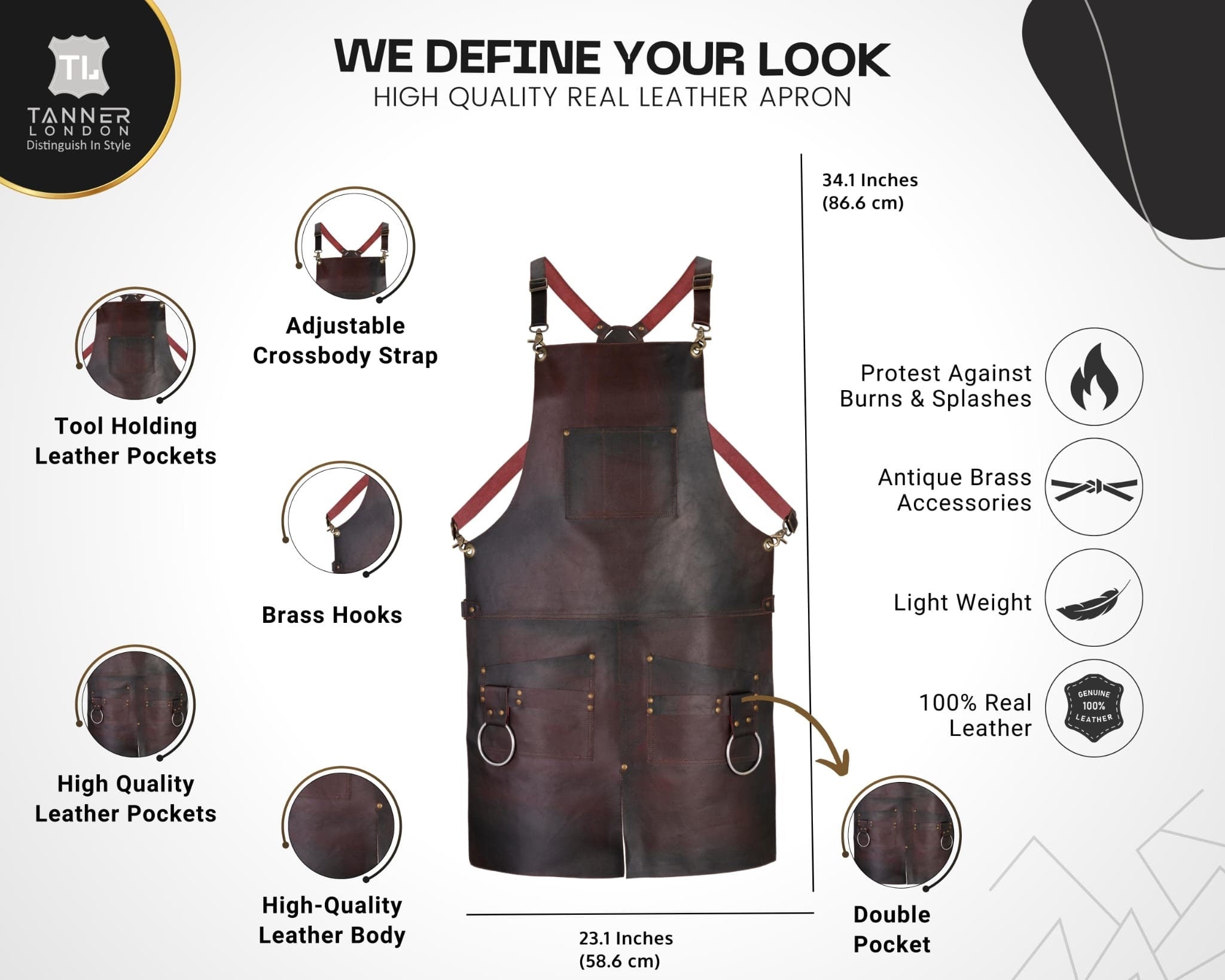 Handmade Full Grain Leather Apron – Split Leg, Tool Pockets