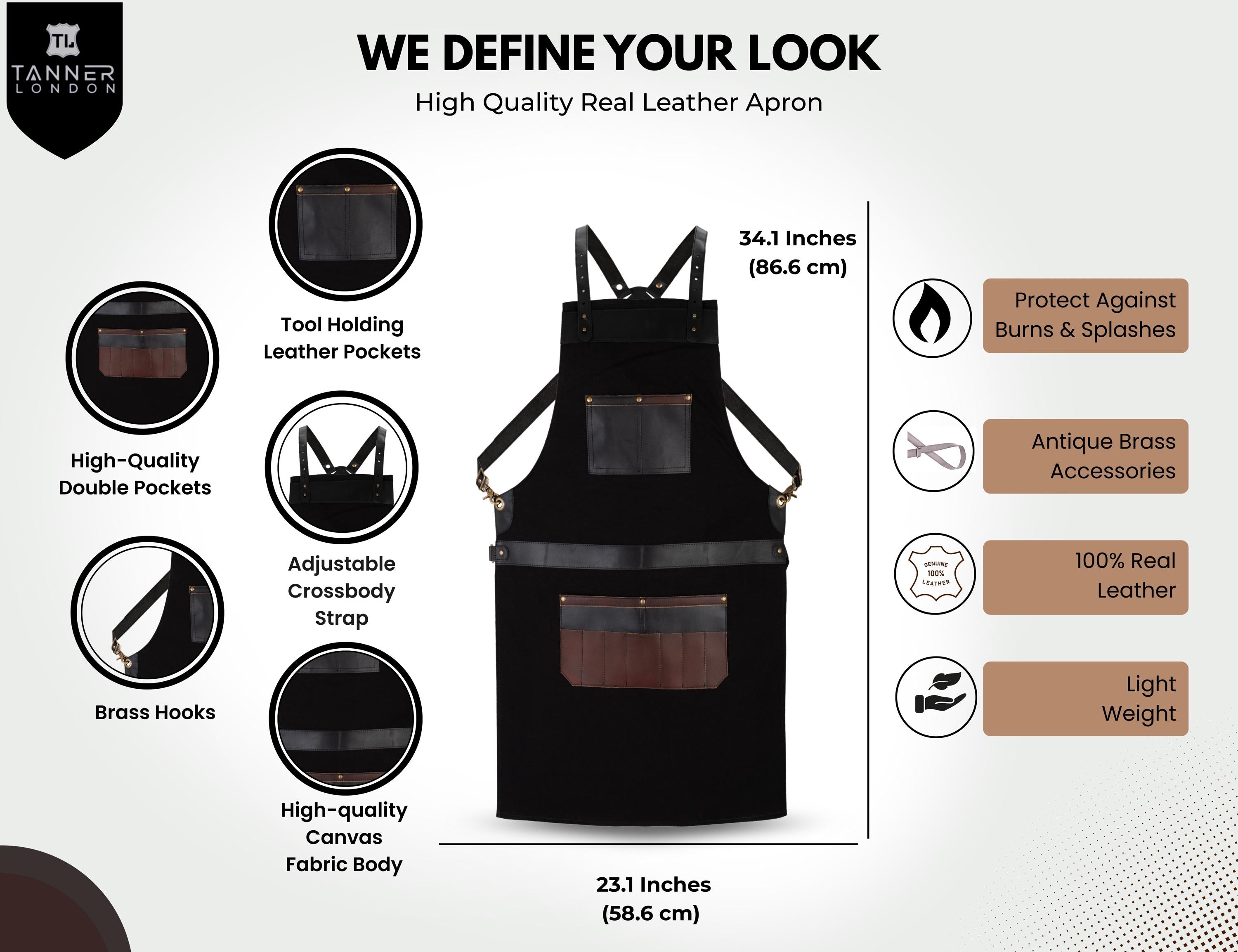 Canvas Apron with Leather Pockets: BBQ Chef Barber Blacksmith Gift