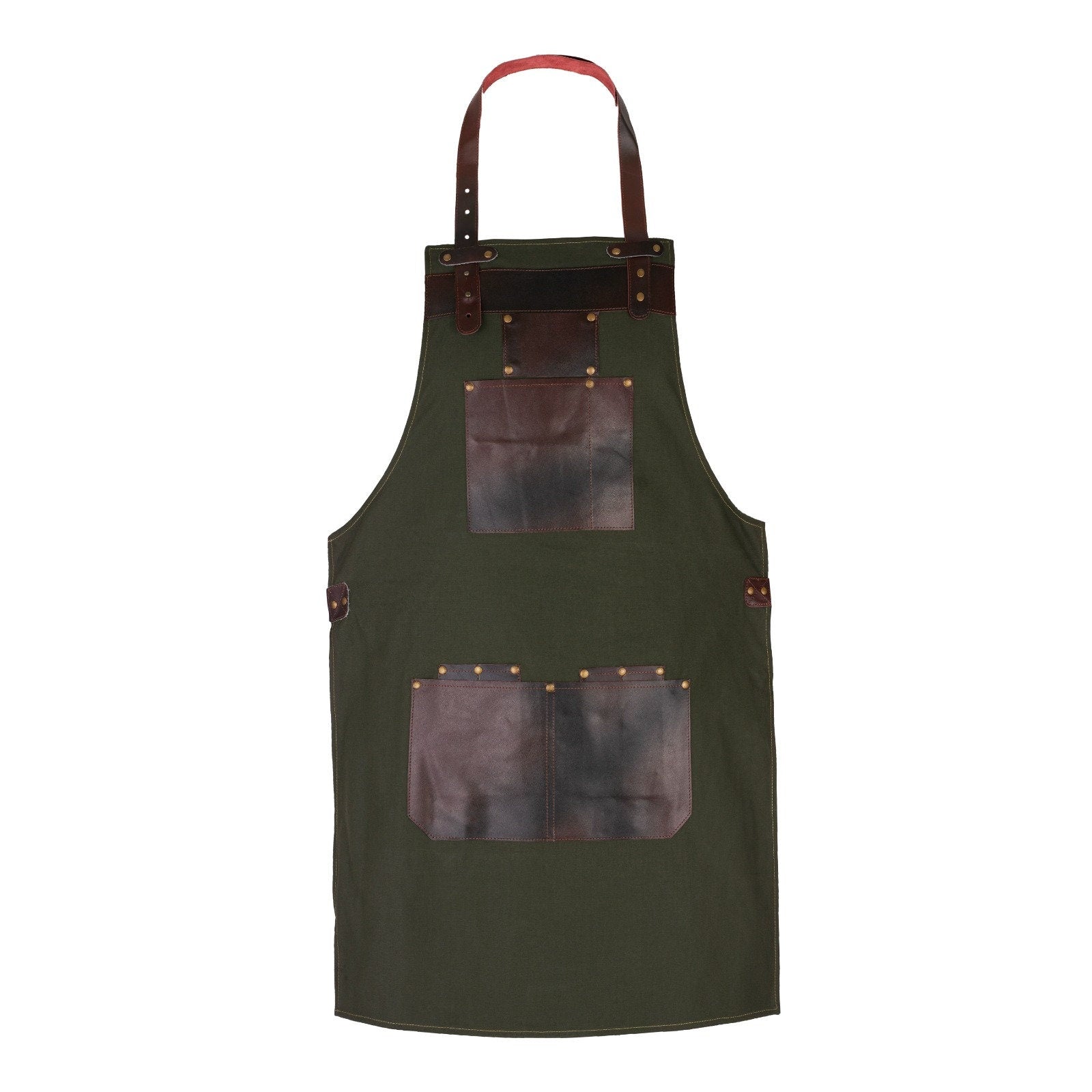Green Canvas Apron: Leather Pockets, Adjustable Chef Apron