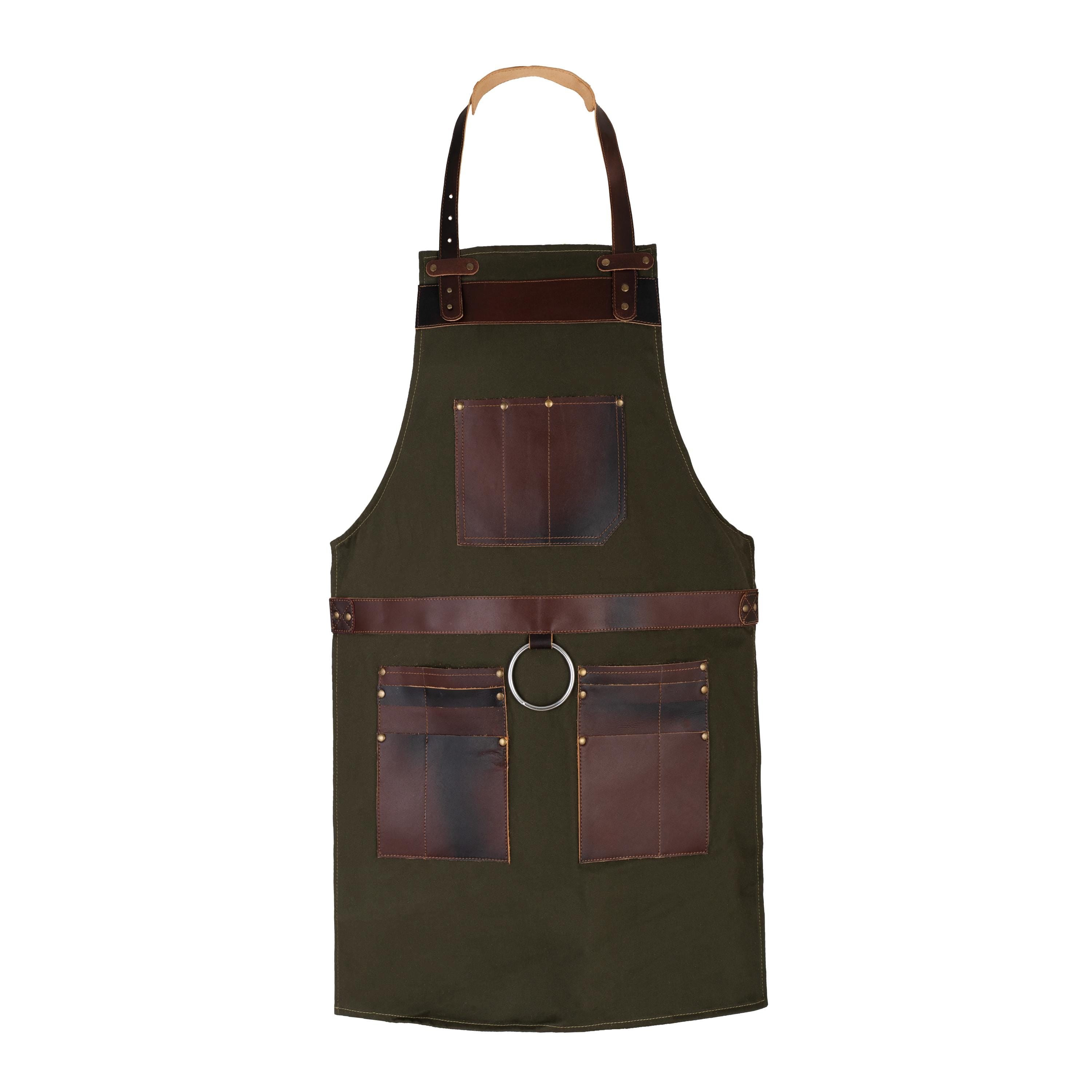 Green Canvas Work Apron: Leather Pockets, Adjustable Fit