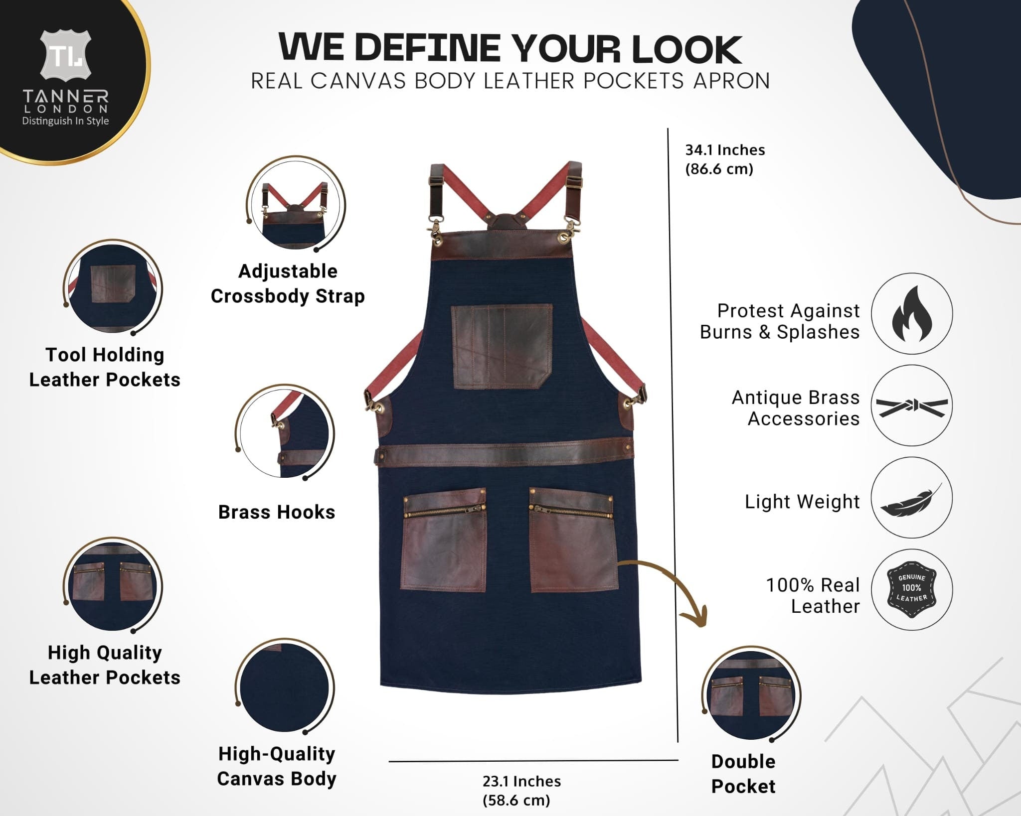 Blue Canvas Apron, Leather Pockets, Adjustable Work Apron