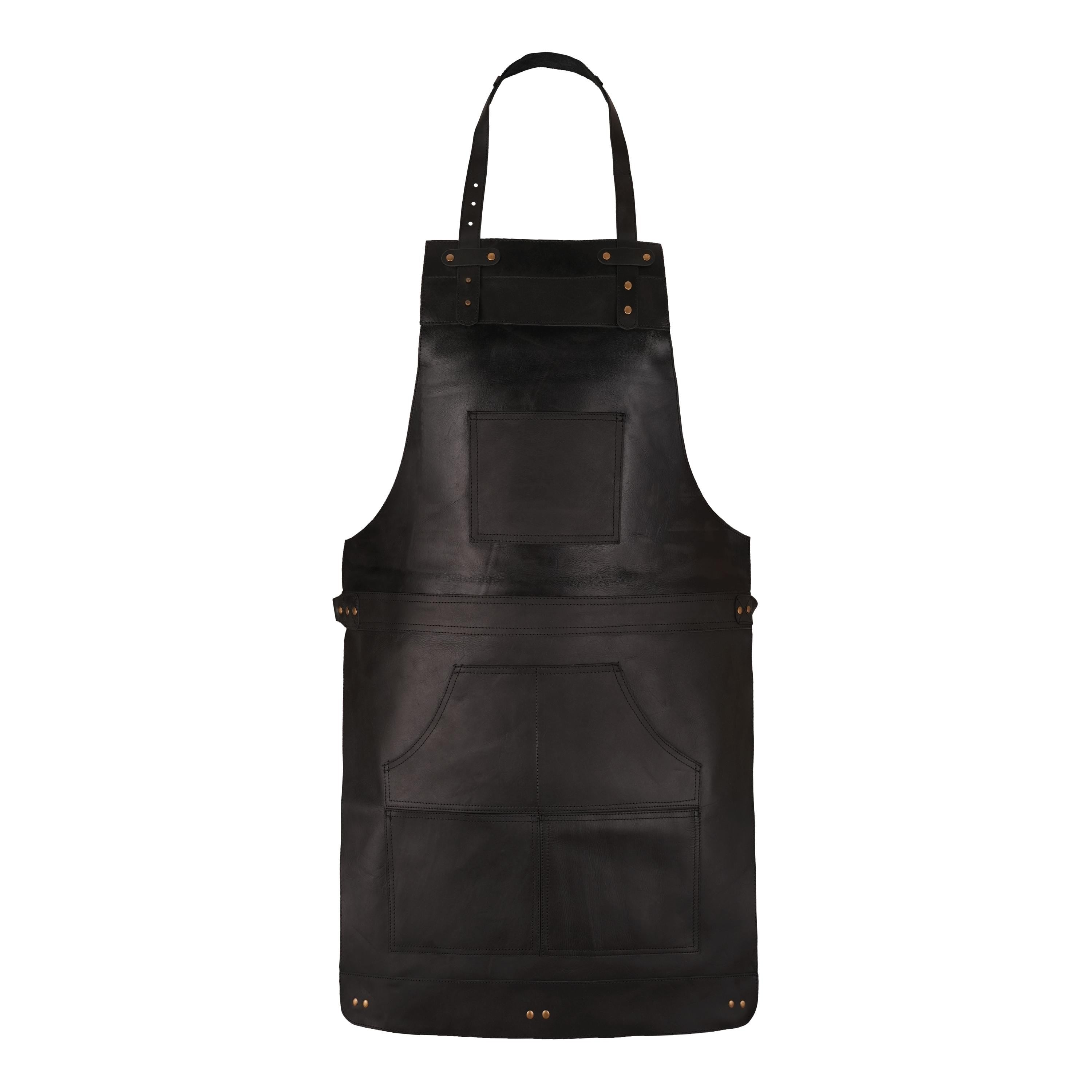Handmade Full Grain Black Leather Apron with Pockets