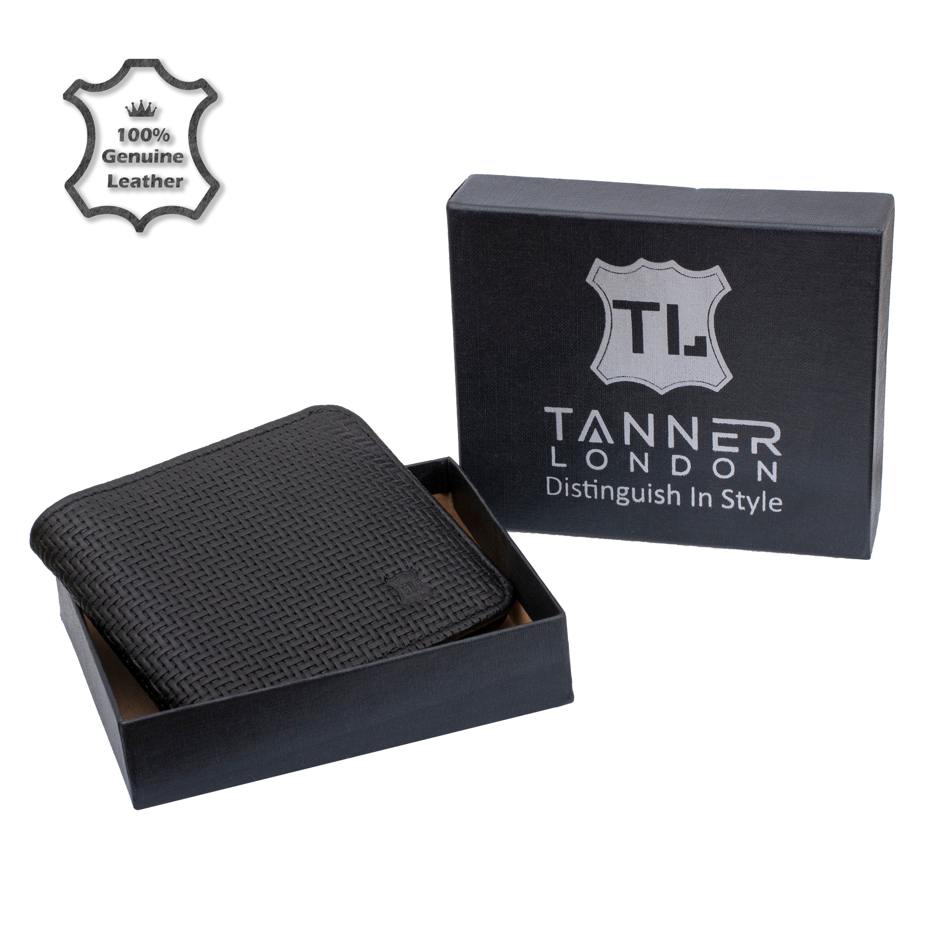 Mens Real Leather Carbon Bi-Fold Wallet RFID Gift Box Black Tanner London handmade pouch