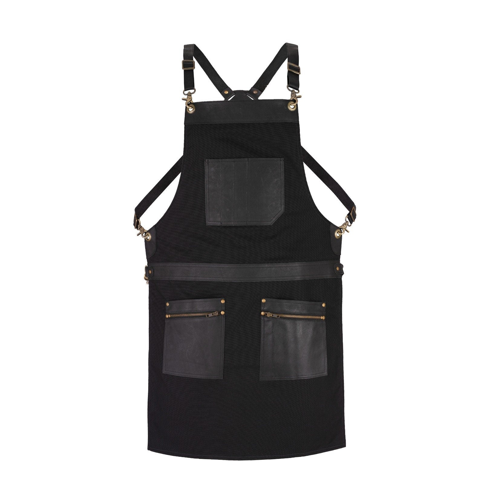 Black Canvas Apron: Leather Pockets, Adjustable Chef Apron